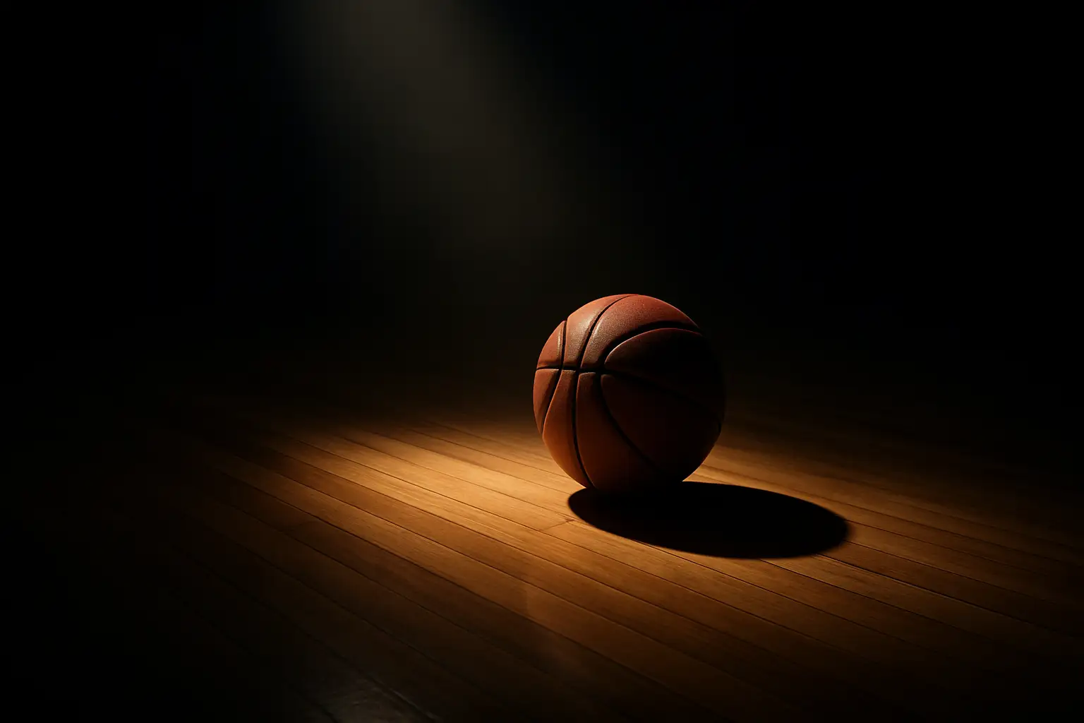 A basketball court under dramatic lighting with a lone ball at center court, symbolizing unrecognized greatness