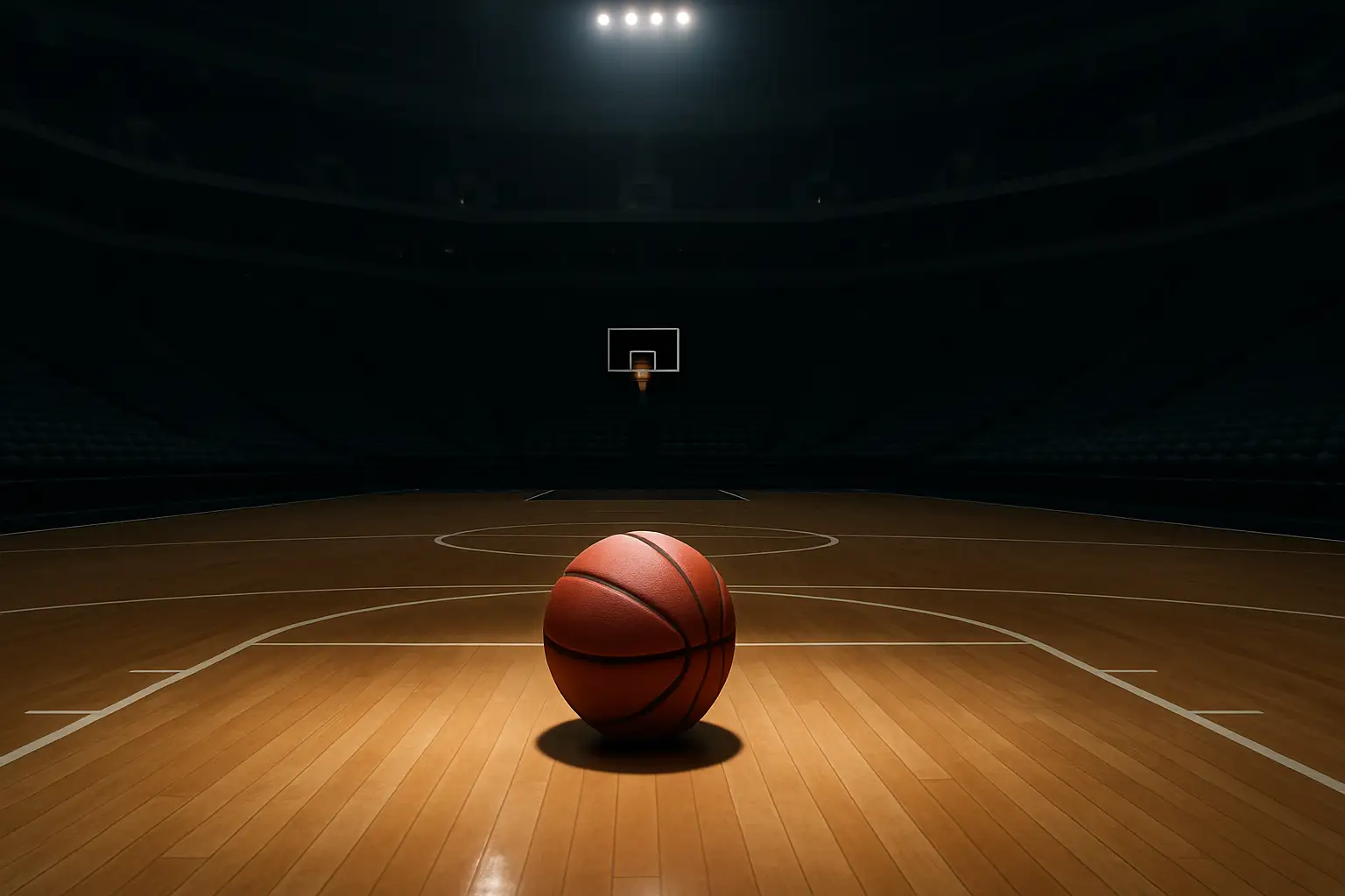 A basketball resting on a hardwood court near the free-throw line inside a college arena