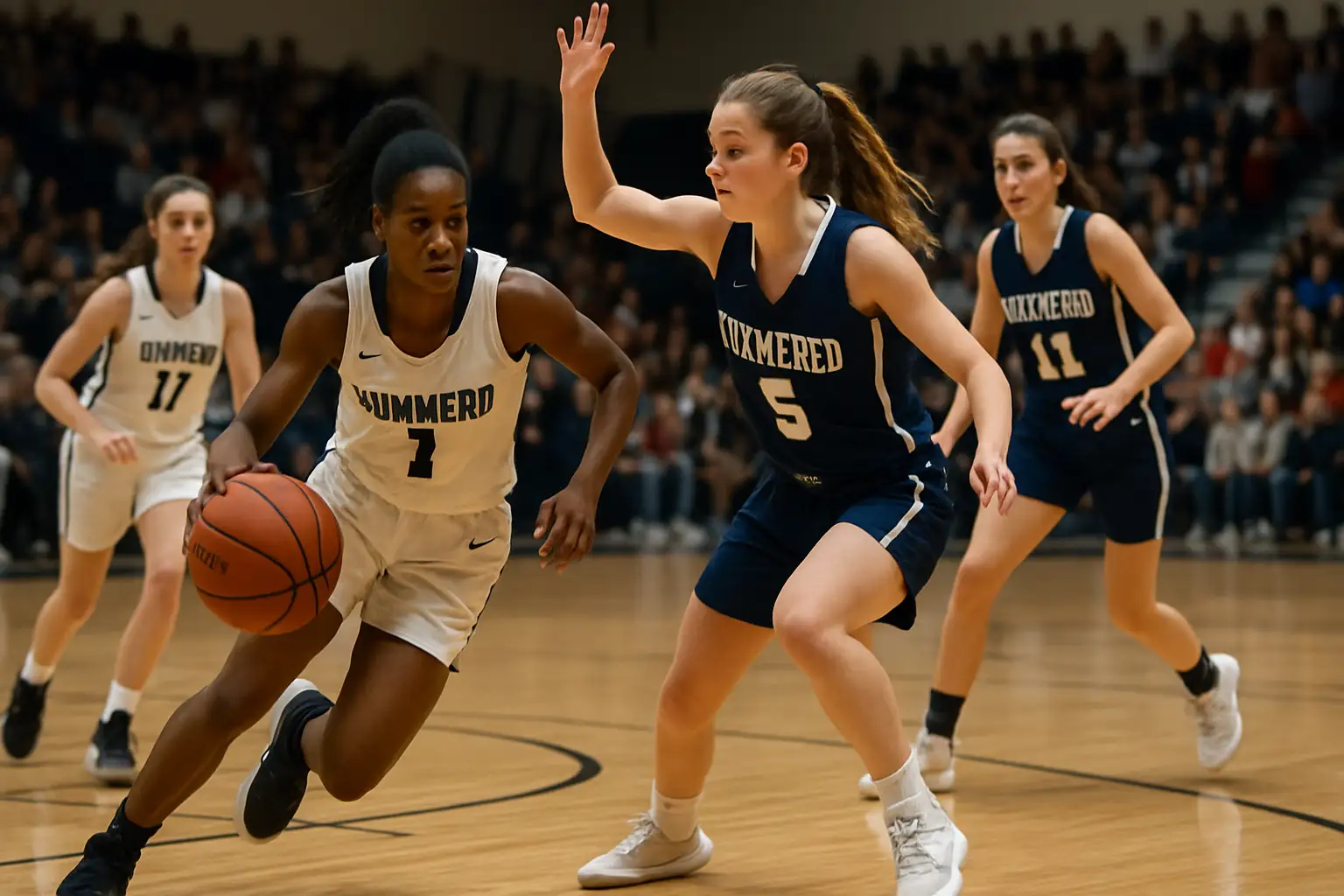 High school girls basketball players competing on an indoor court during a varsity game