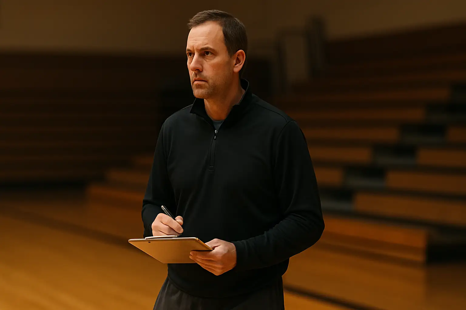 A basketball coach drawing up a play on a clipboard in a gymnasium