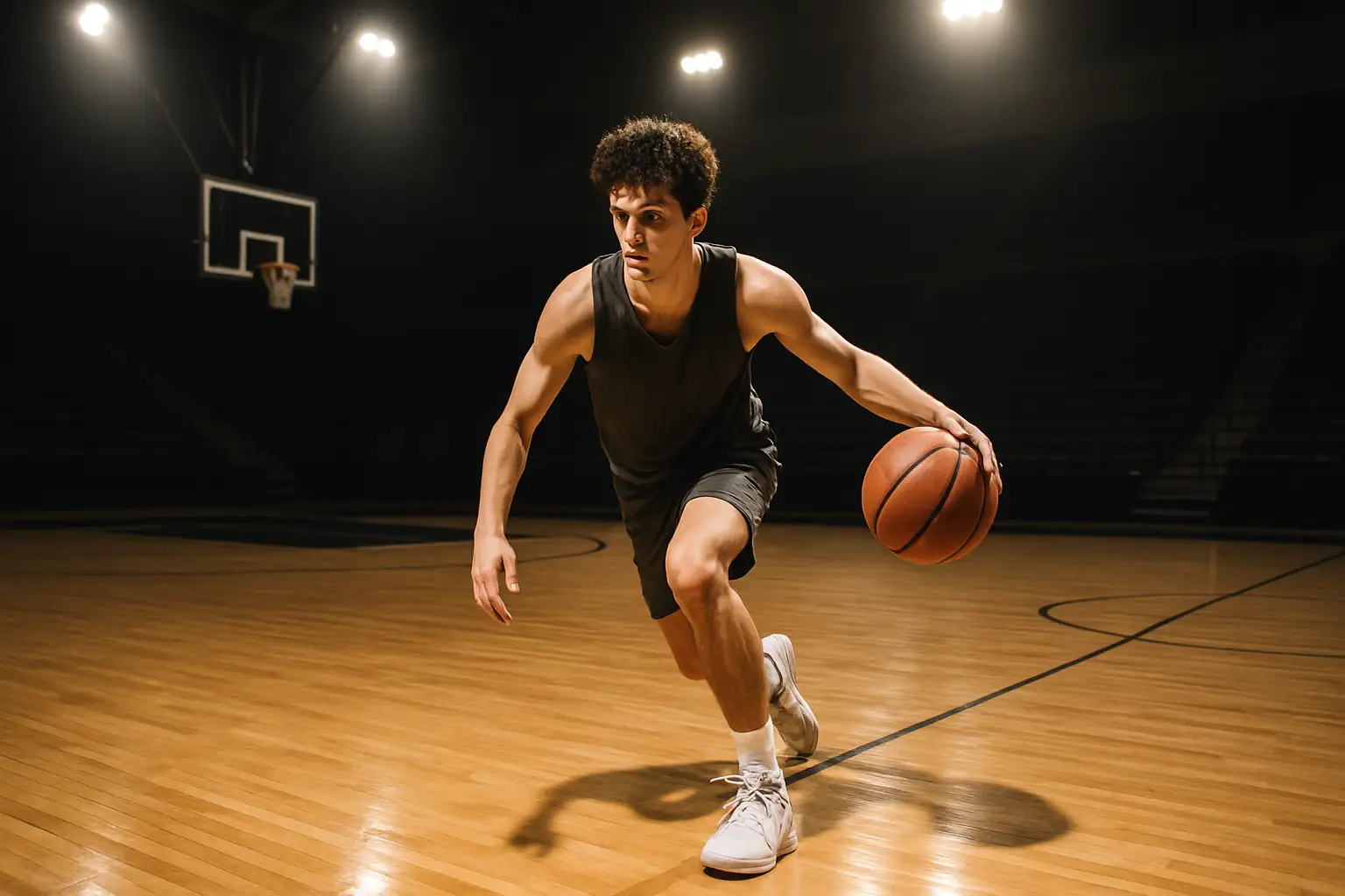A college basketball player practicing dribbling and footwork in an empty indoor gym under bright overhead lights