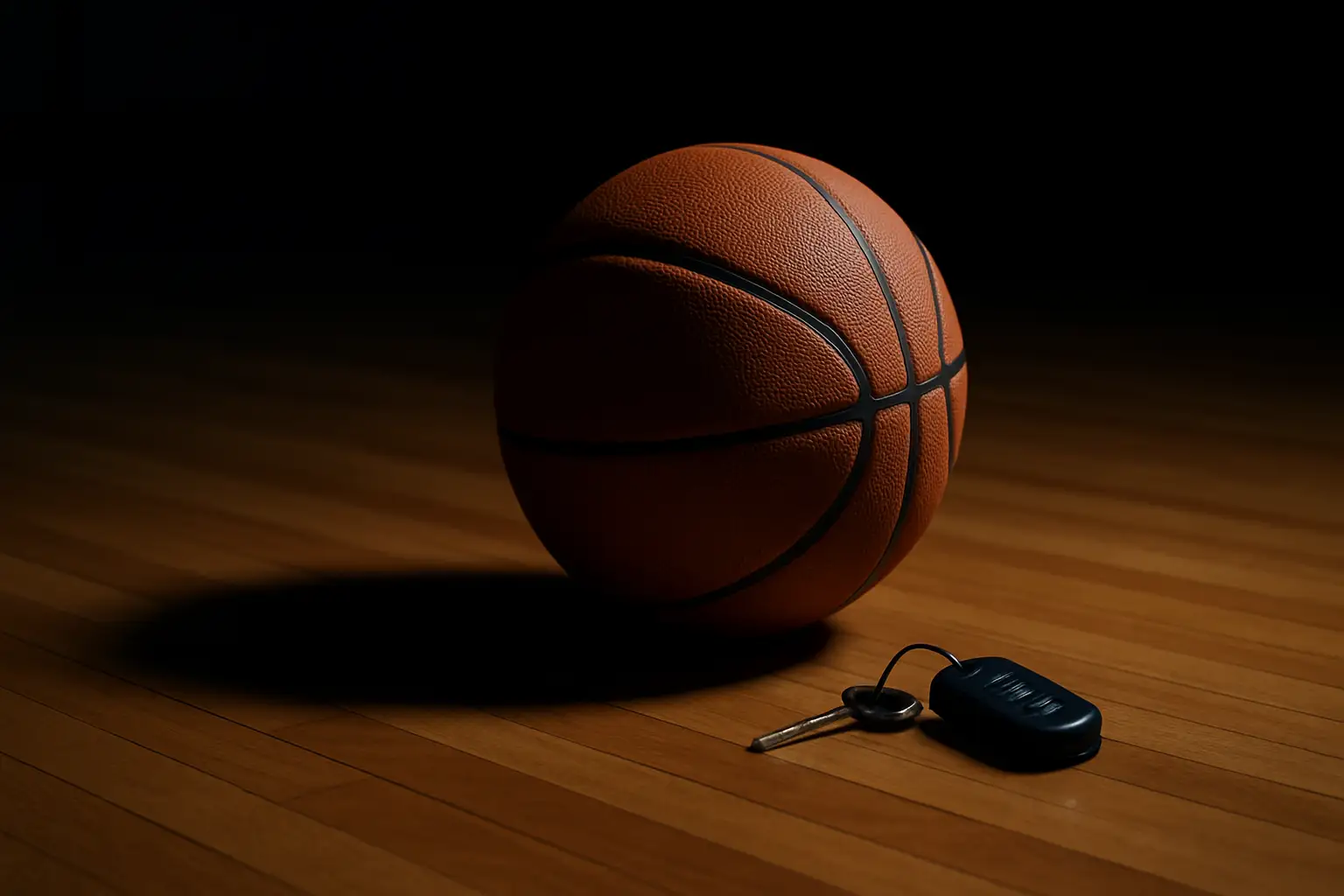 A basketball sitting on a court floor near a set of car keys under dim lighting