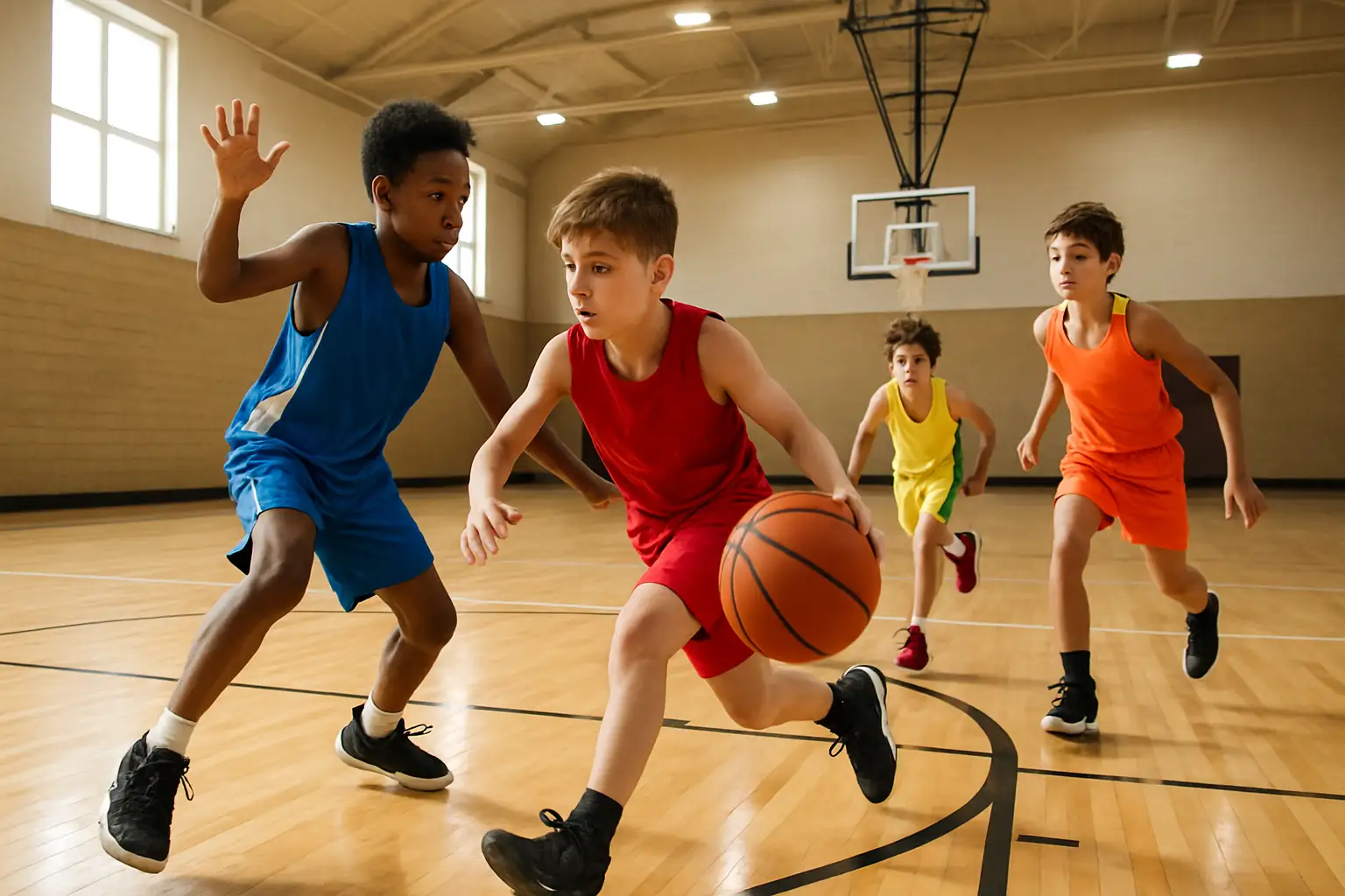Young basketball players competing in an indoor AAU tournament on a polished hardwood court