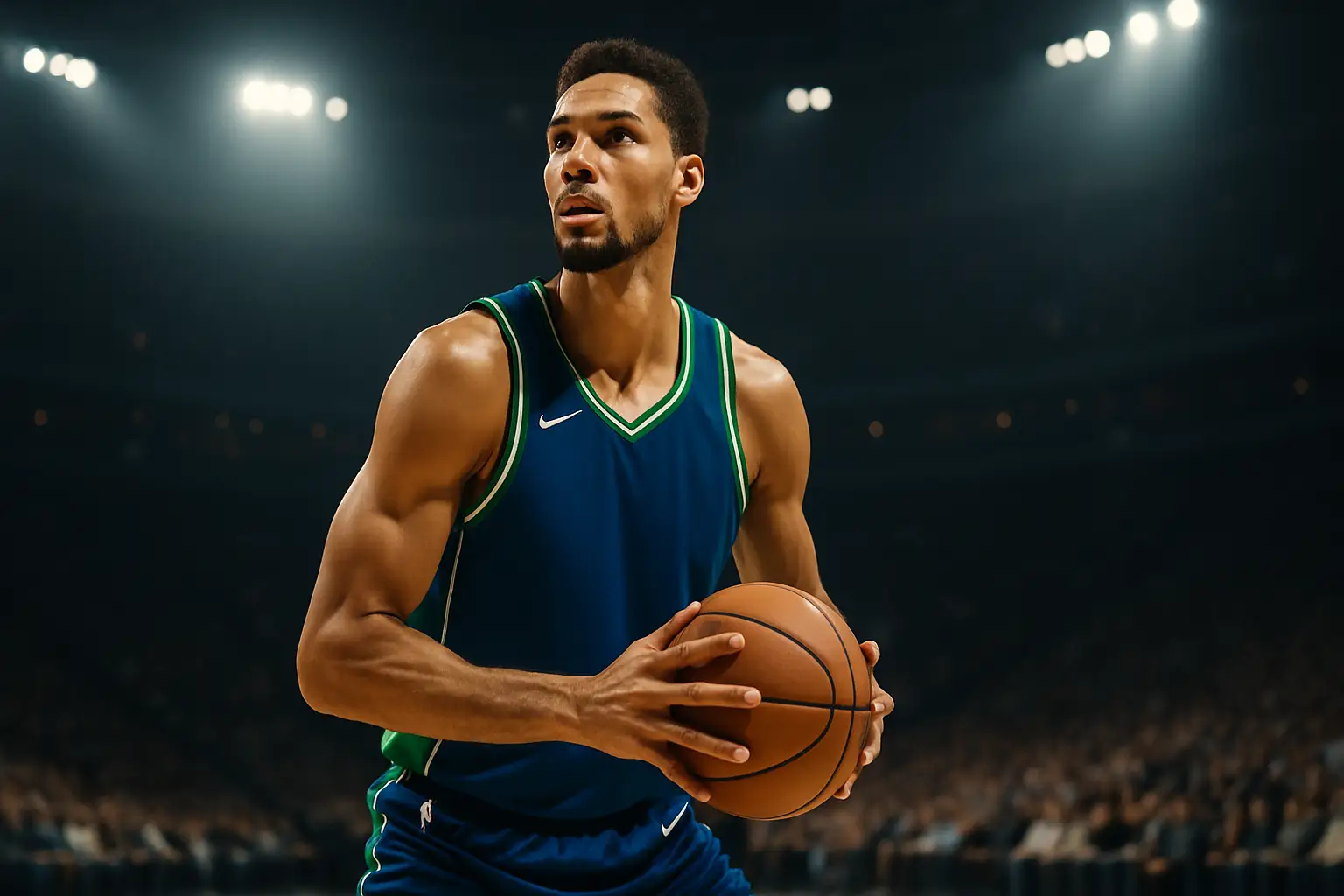 A basketball player in a Minnesota Timberwolves jersey holding a basketball on an NBA court
