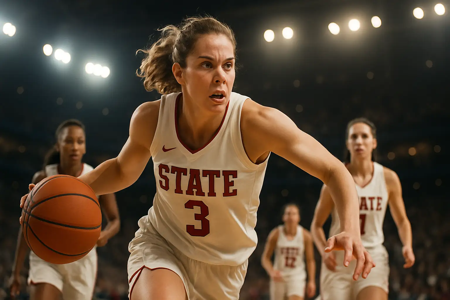 A female basketball player driving to the basket during a 5x5 championship game