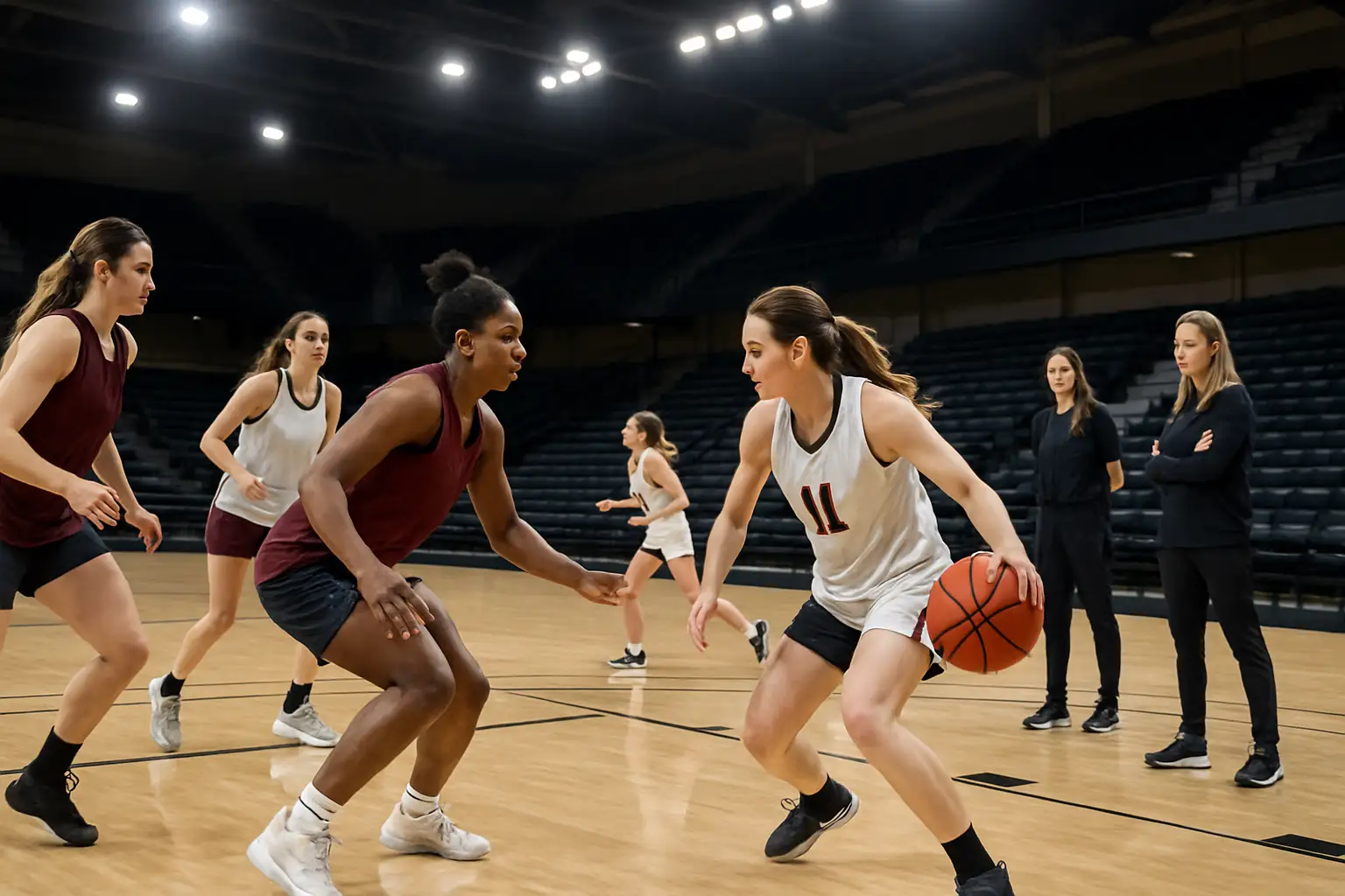 College women's basketball players practicing in a gymnasium during the offseason
