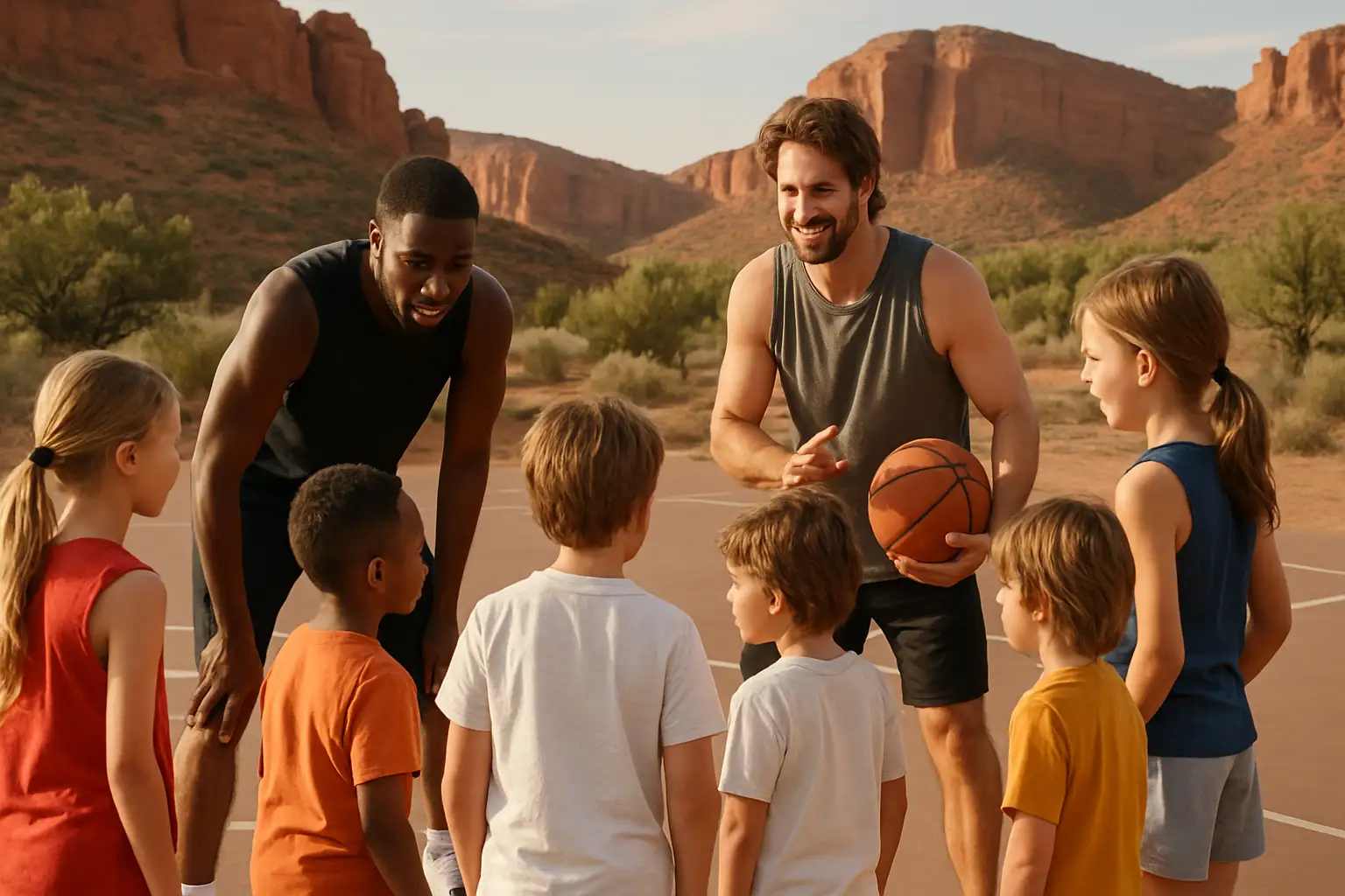 Basketball players mentoring Native American youth on an outdoor court in the Southwest