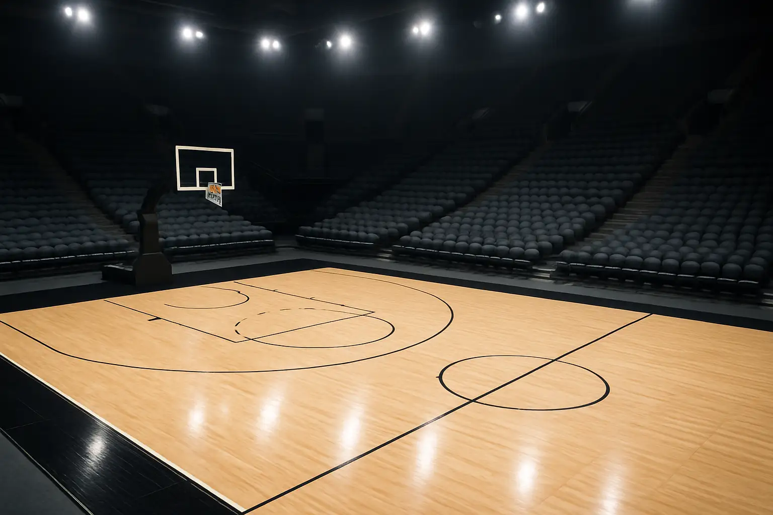 Indoor basketball court set up inside a mid-size multi-purpose stadium with arena lighting and empty seats