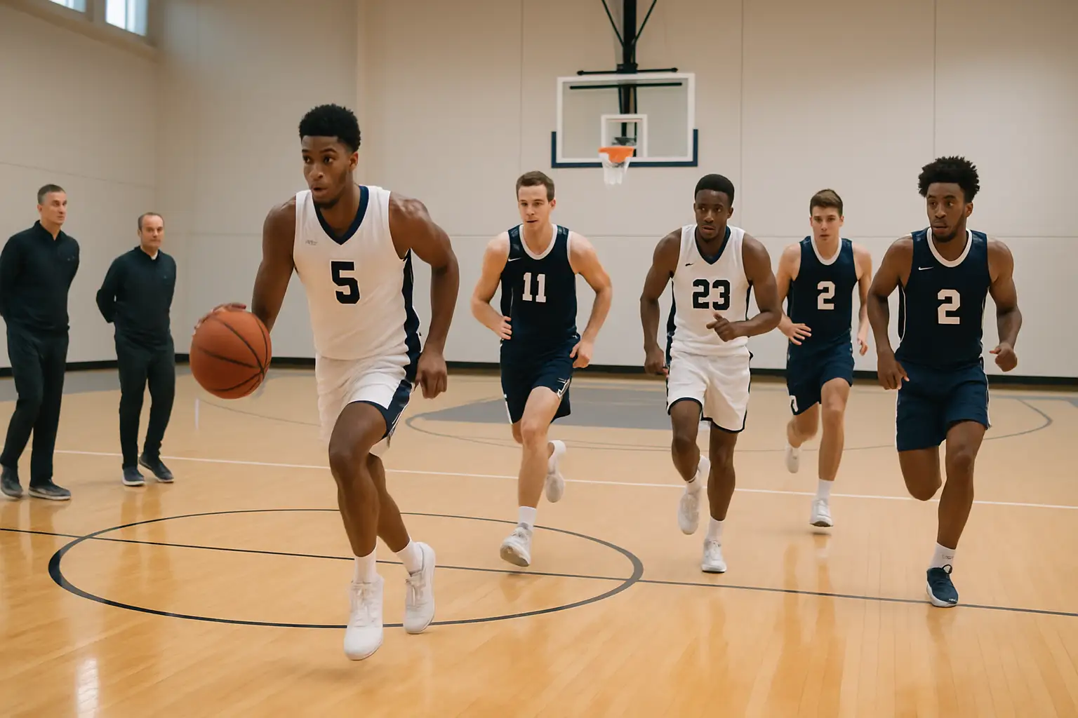UC Davis Aggies basketball players practicing on an indoor court