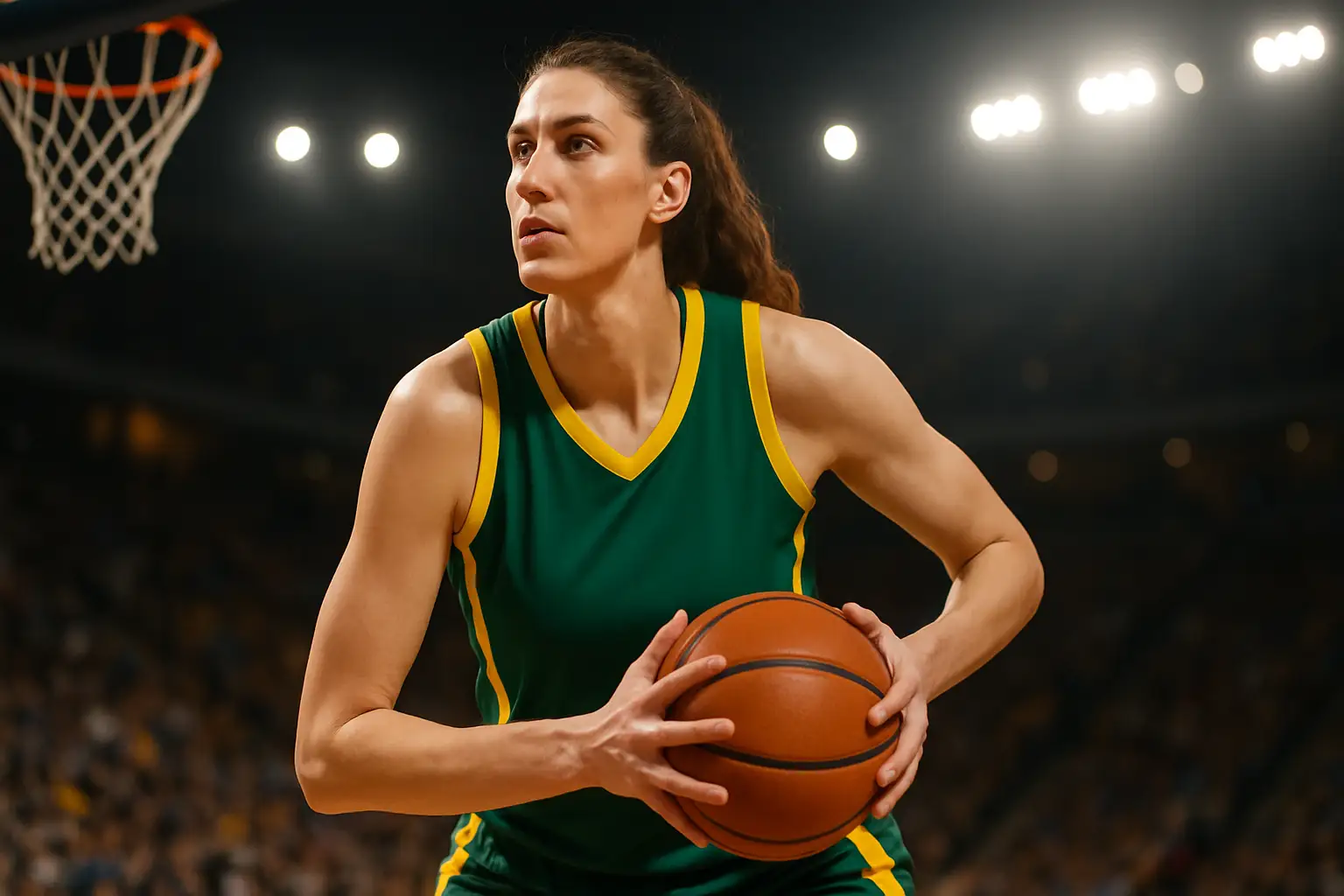 A female basketball player in a national team uniform posting up in the paint during an international game