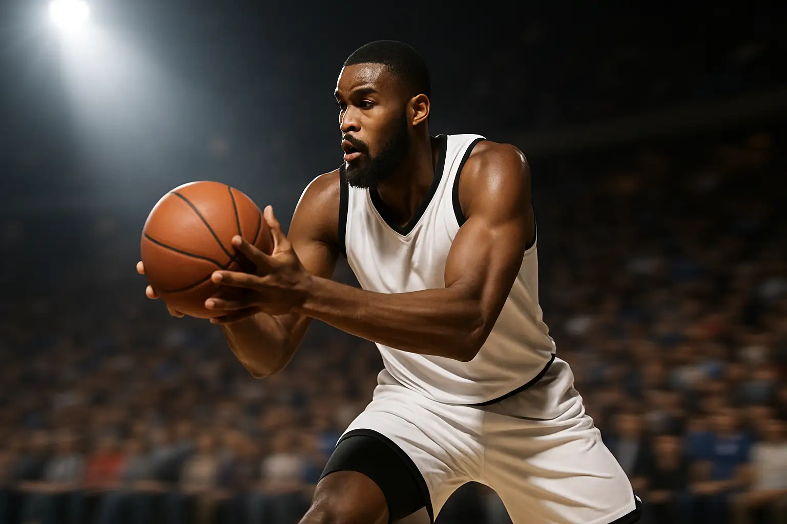 NBA center catching a pass near the basket during a game with bright arena lighting