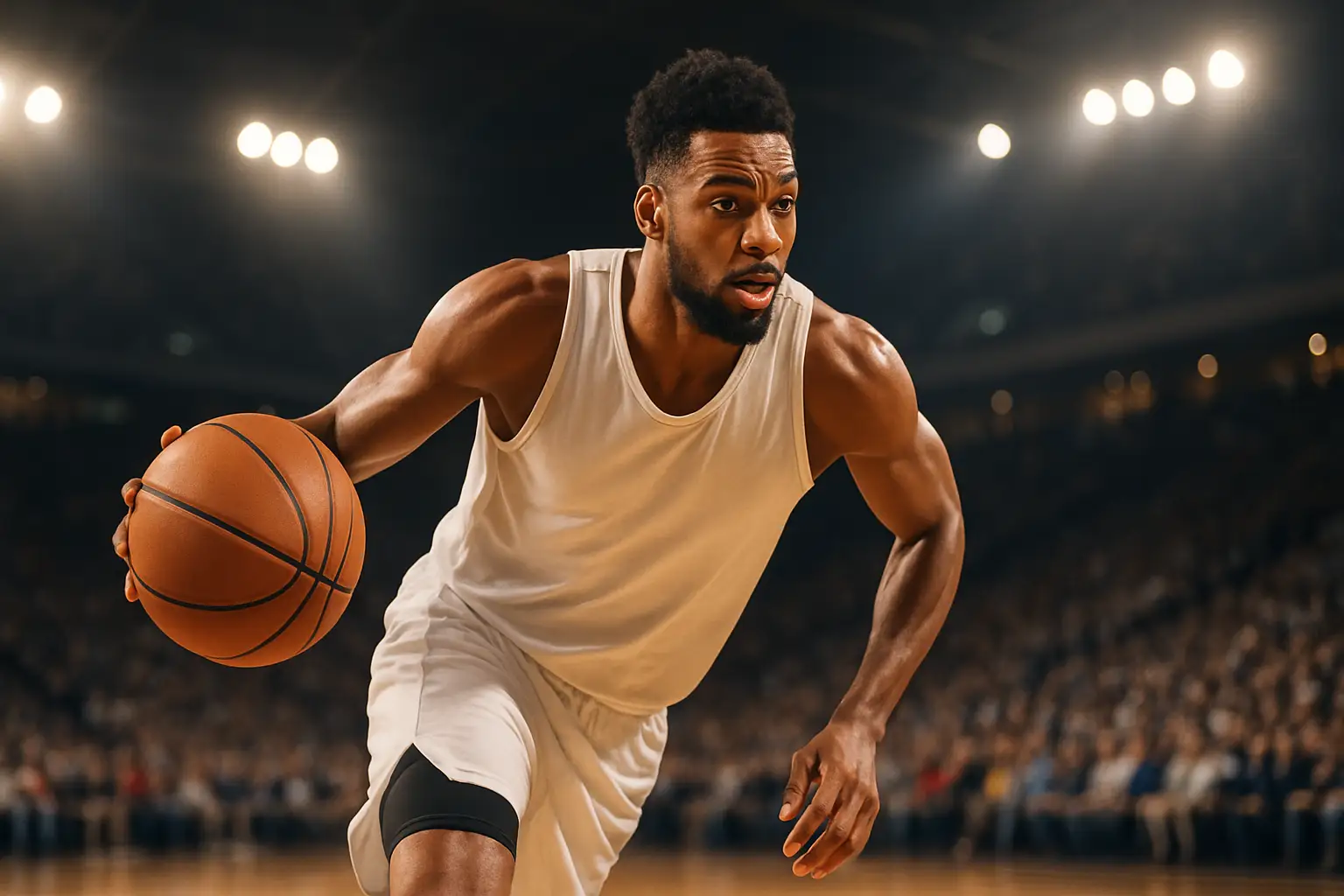 Basketball player driving to the basket in a packed NBA arena