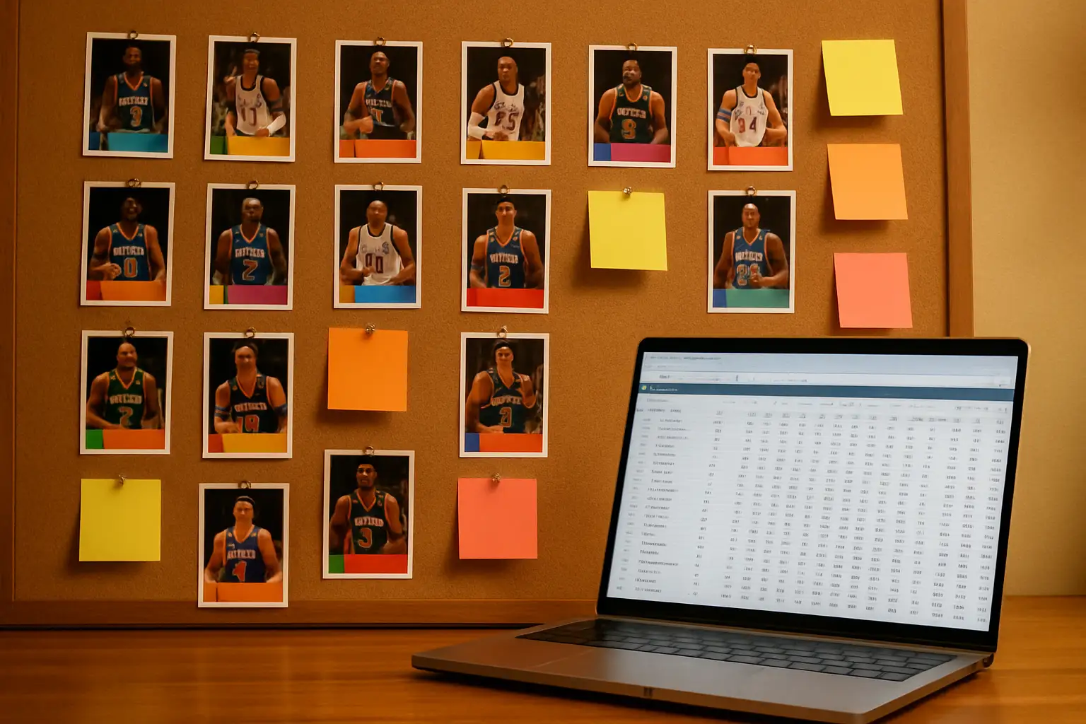 Fantasy basketball draft board with player cards and a laptop showing draft rankings