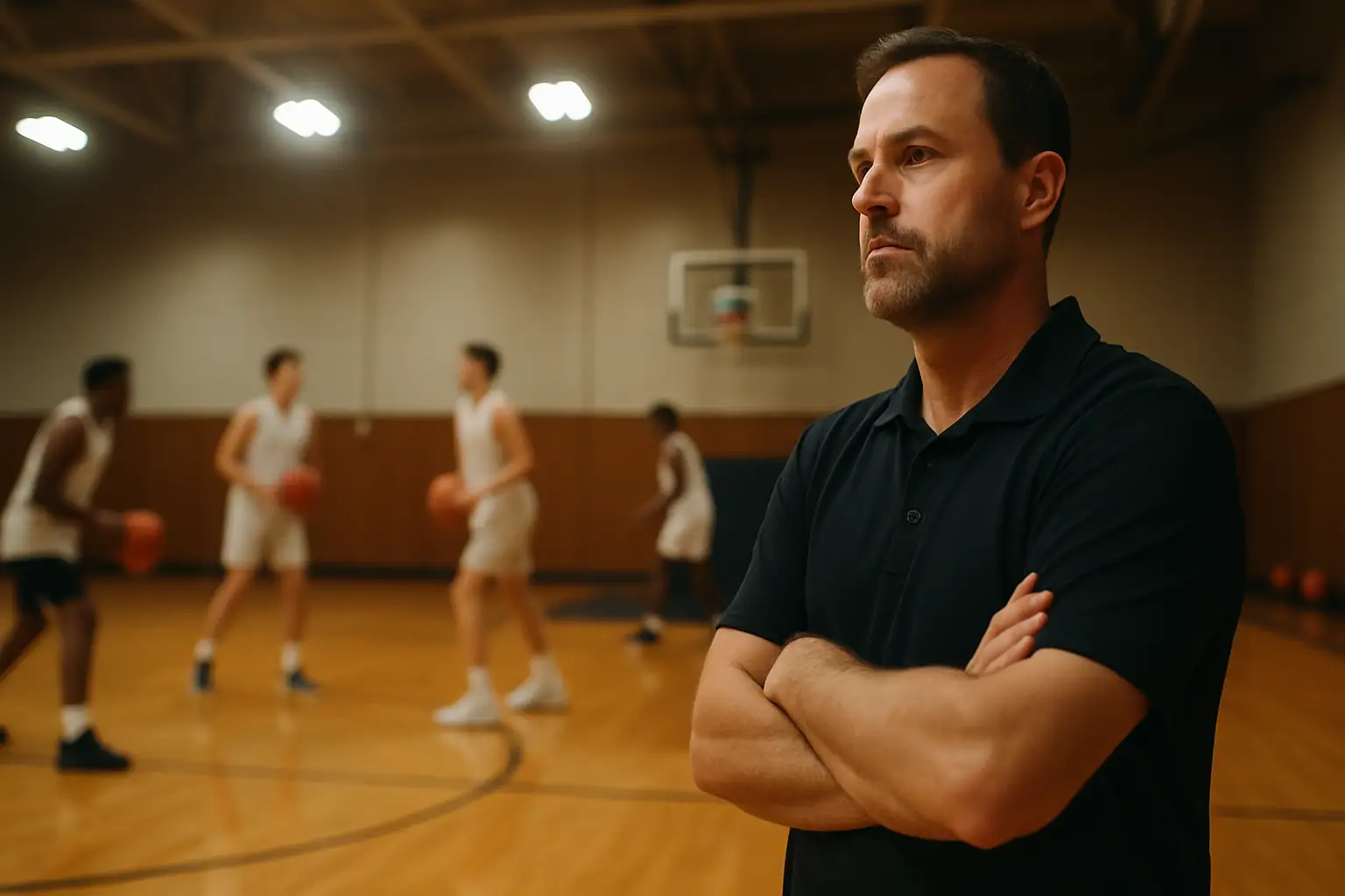 A basketball coach standing courtside in a gymnasium watching players practice