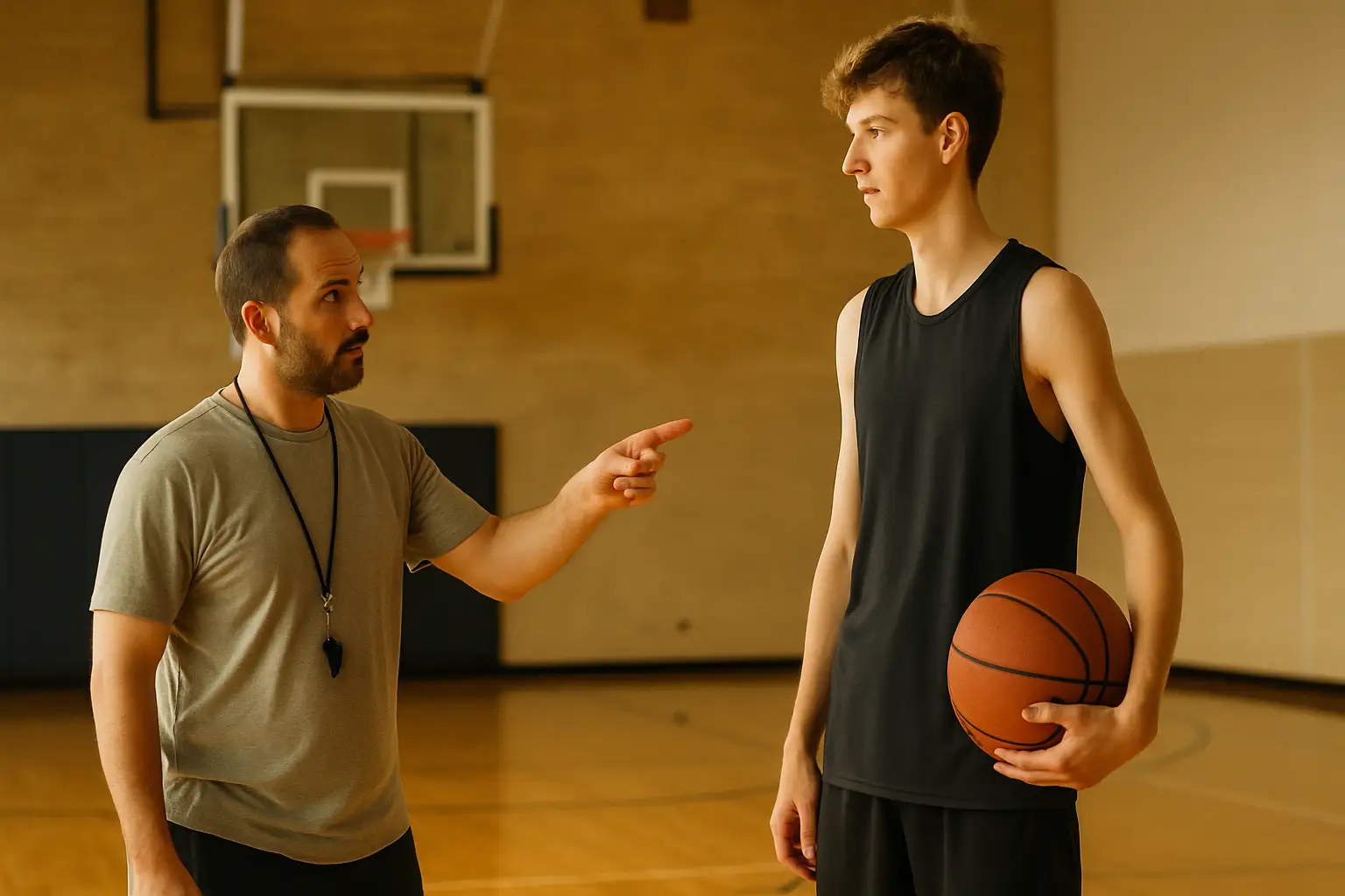 A basketball coach talking to a tall young player in a gym during practice