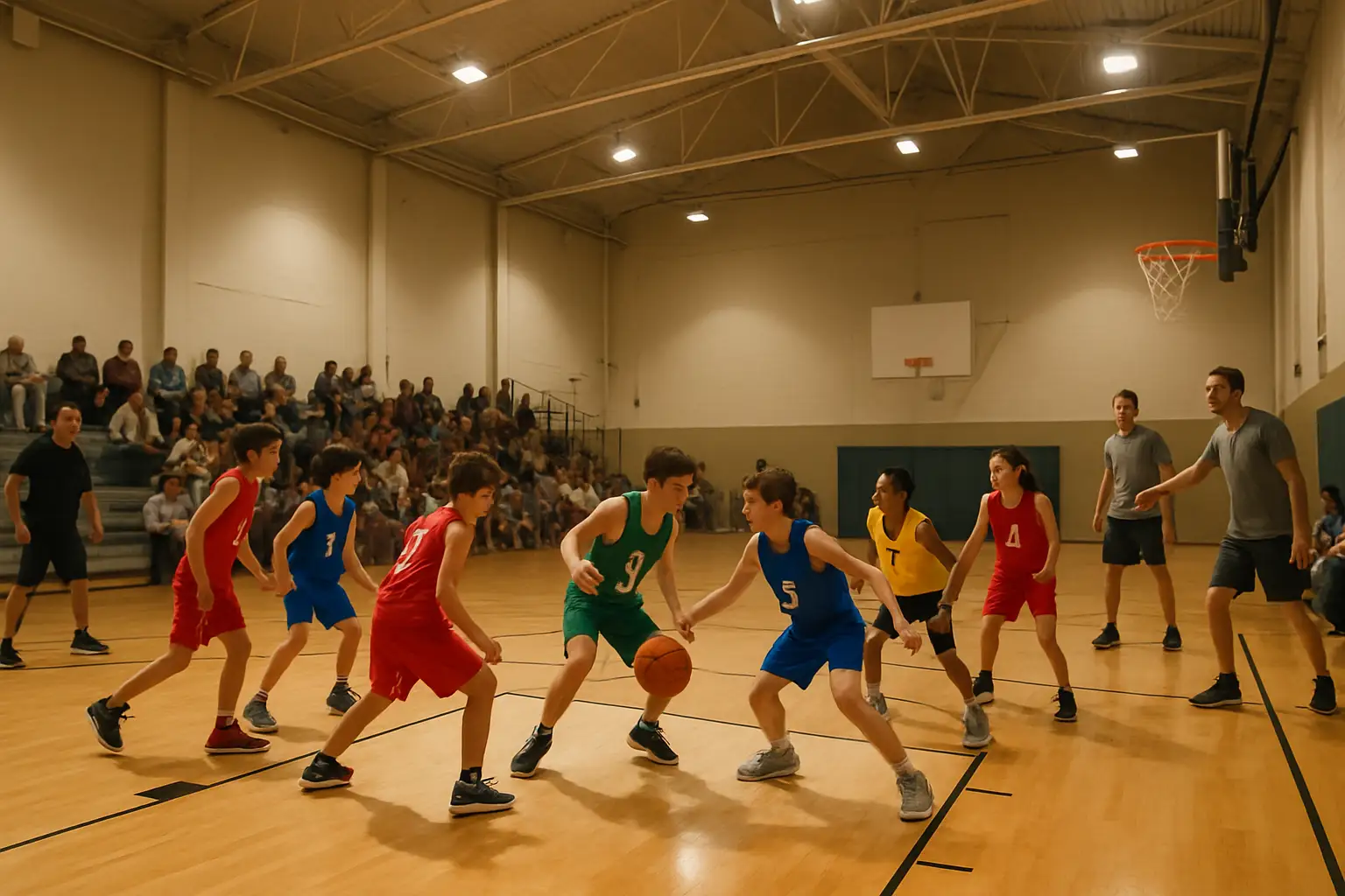 Youth basketball players competing in a local gymnasium during a club basketball game