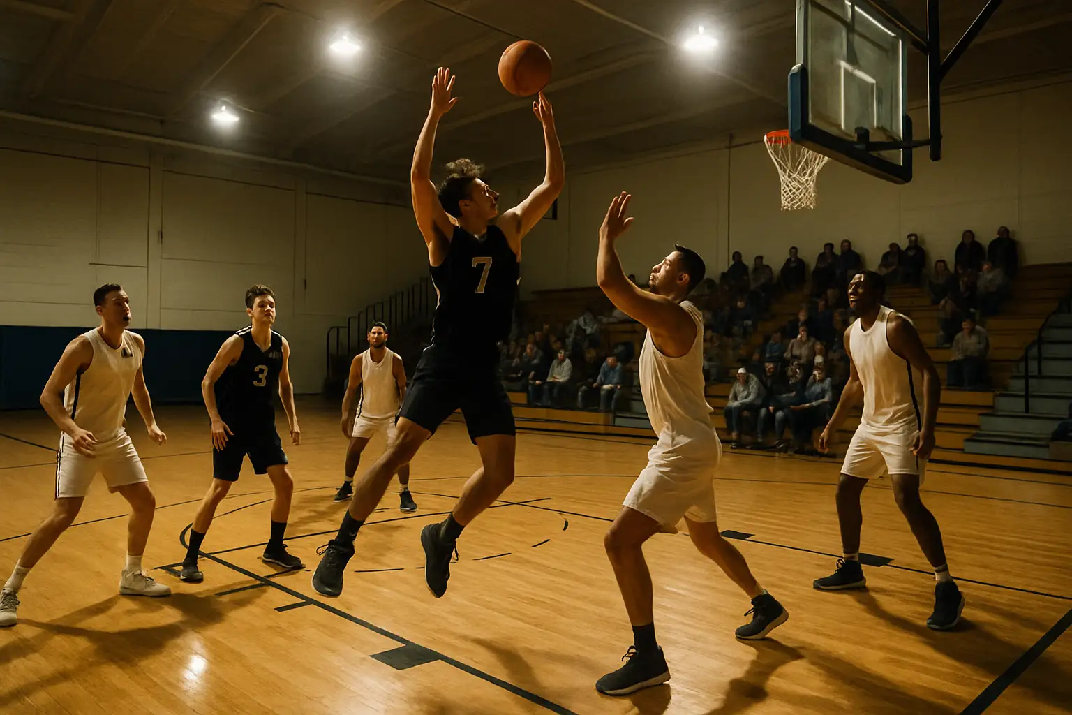 Basketball players competing in an indoor gymnasium under bright overhead lights