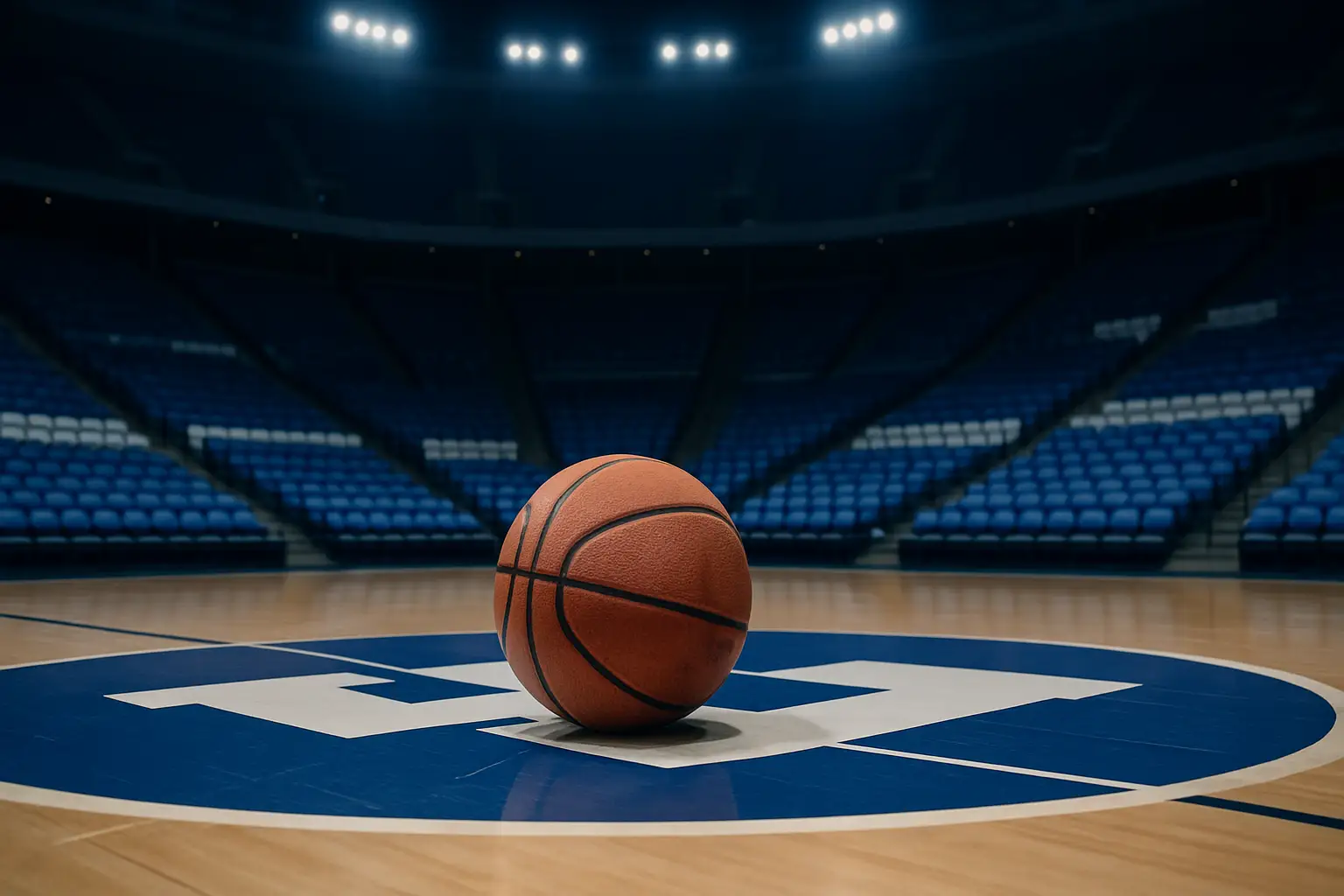 A basketball on a hardwood court in an empty college arena with blue team colors in the background