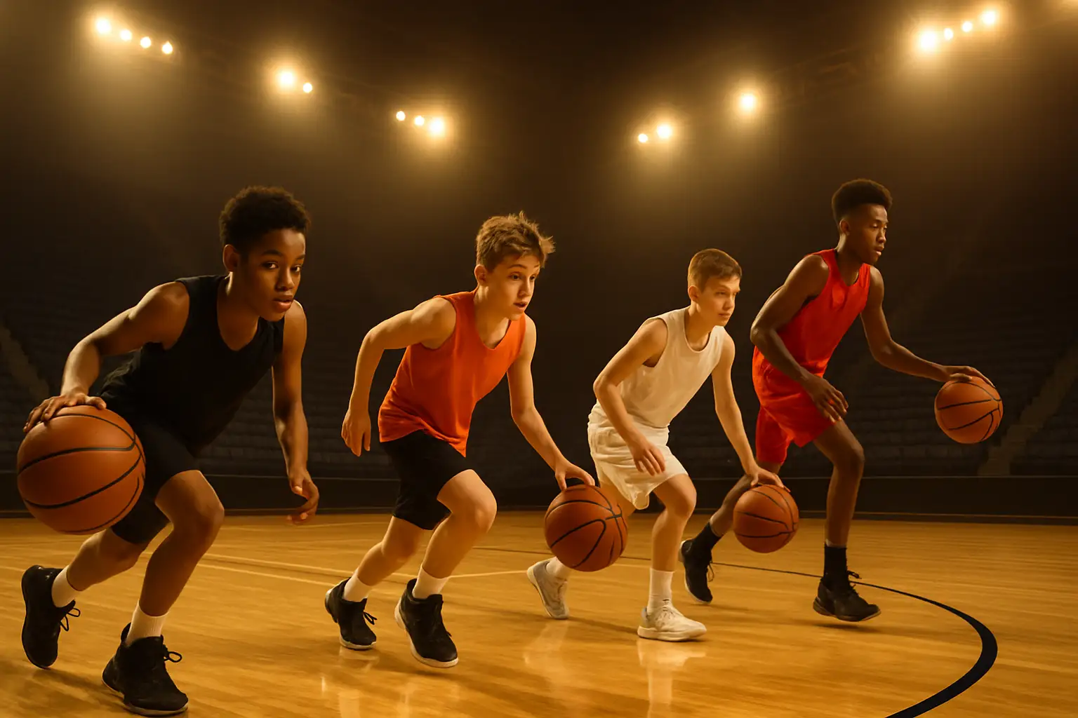 Basketball players warming up on a bright indoor NBA arena court during summer league practice