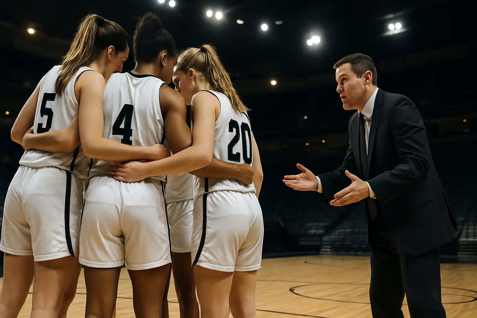 Women's basketball players huddling during a timeout on an indoor court