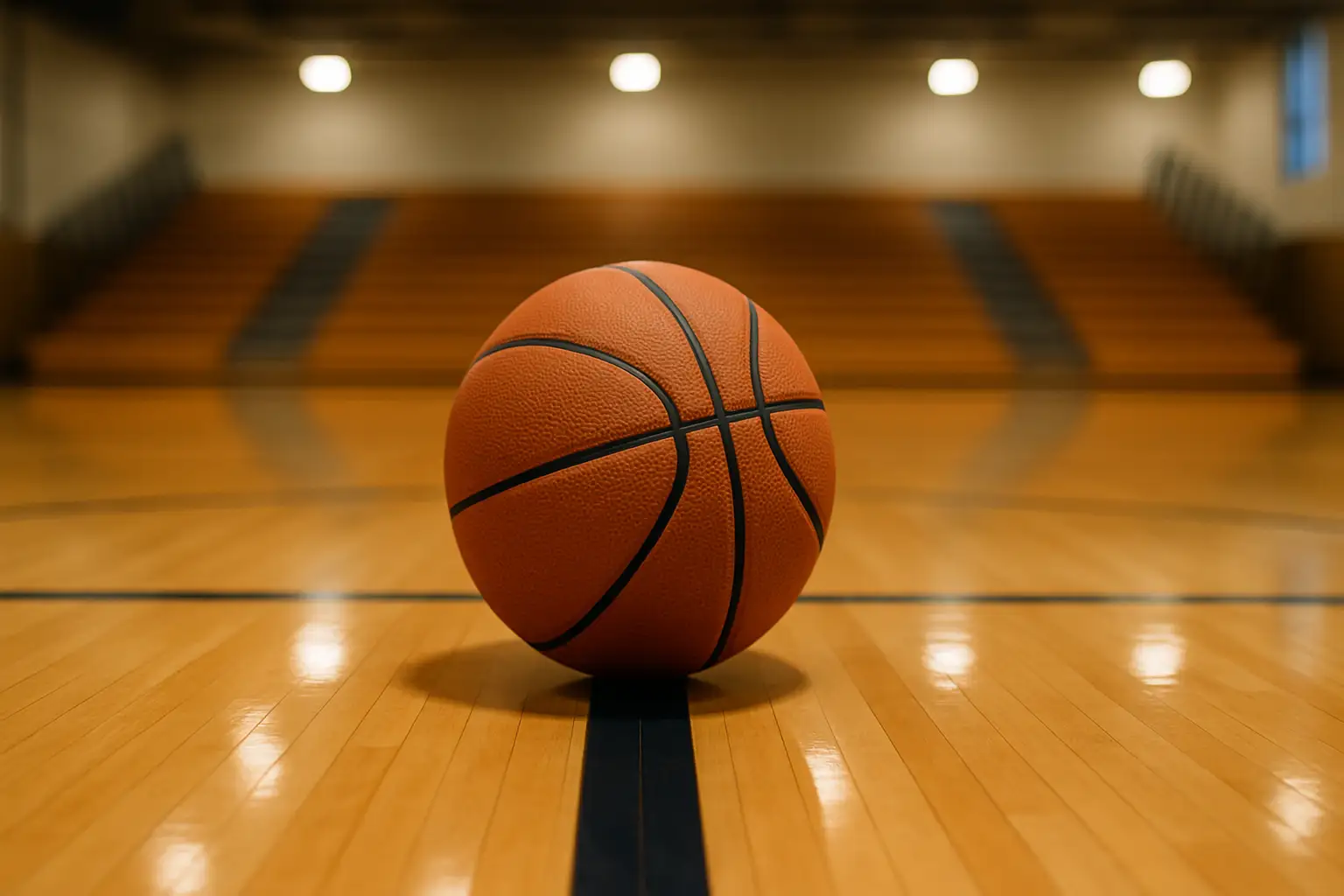 A basketball resting on a hardwood court inside an empty high school gymnasium