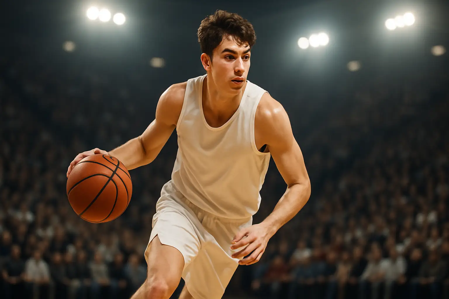 A basketball player in a college uniform drives toward the basket in a packed arena