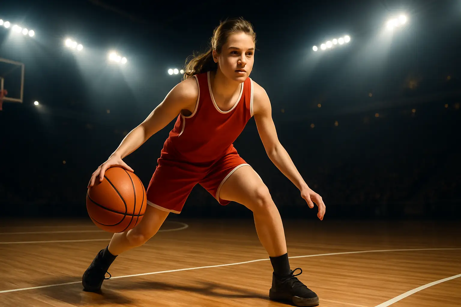 A women's basketball player dribbling on an indoor court with arena lighting