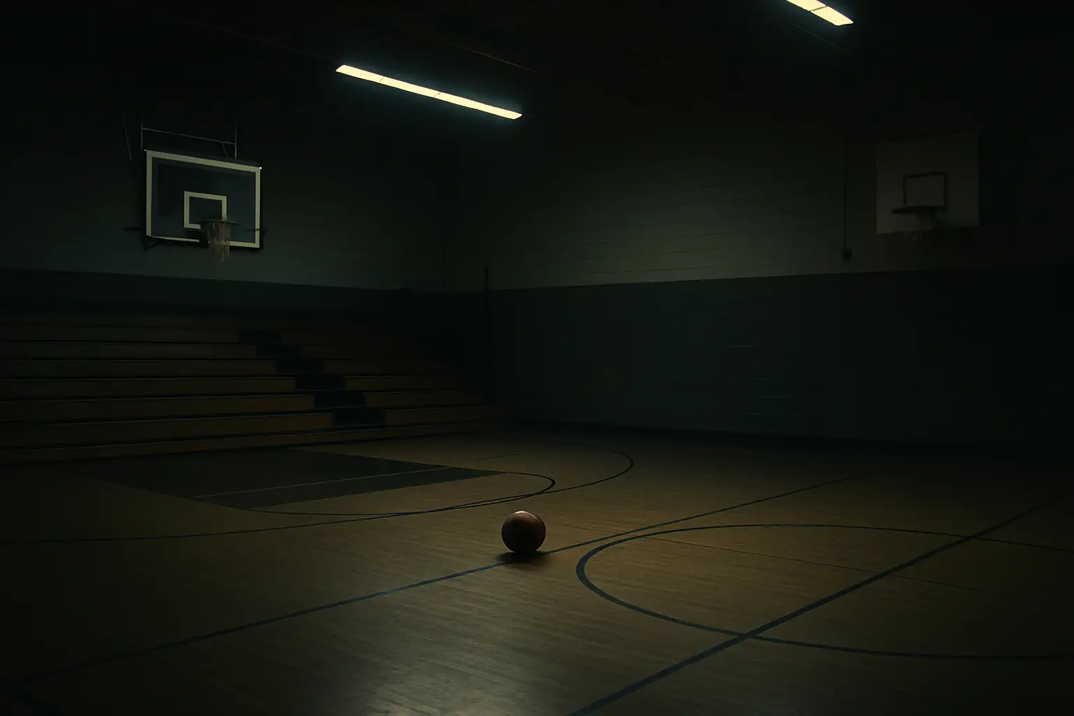 Empty basketball court inside a school gymnasium with a single basketball on the floor