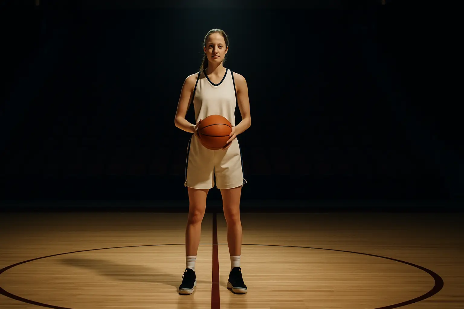 A women's basketball player standing at half court holding a basketball, looking toward the opposite end of an empty arena