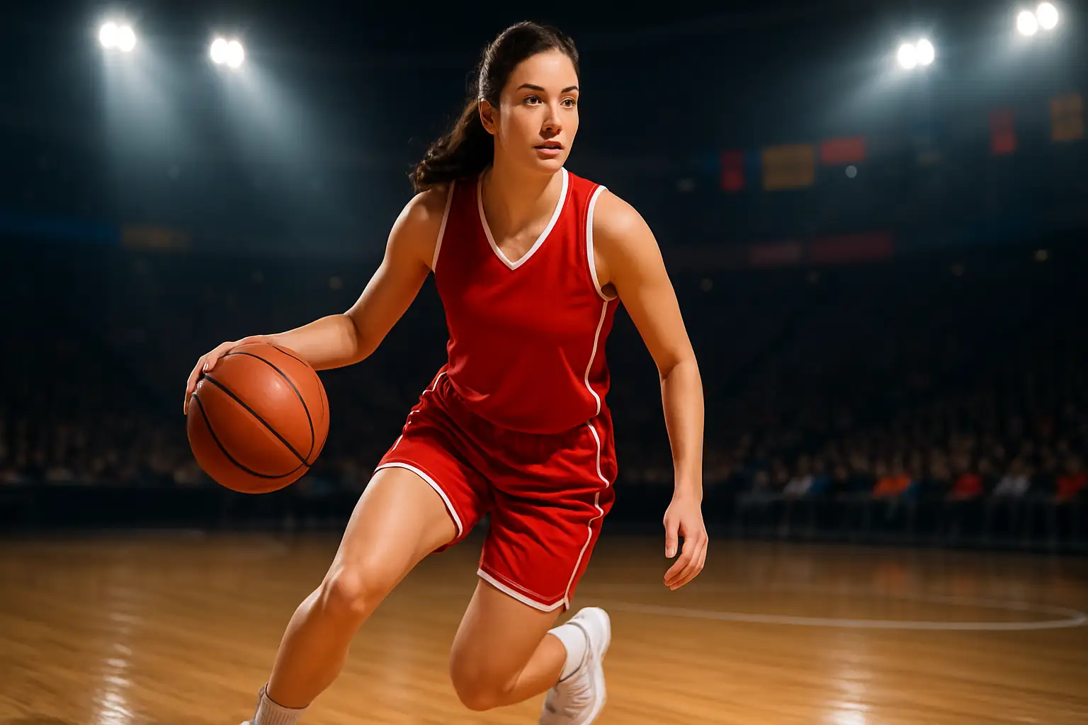 A women's basketball player dribbling on a professional court with an expansion team jersey