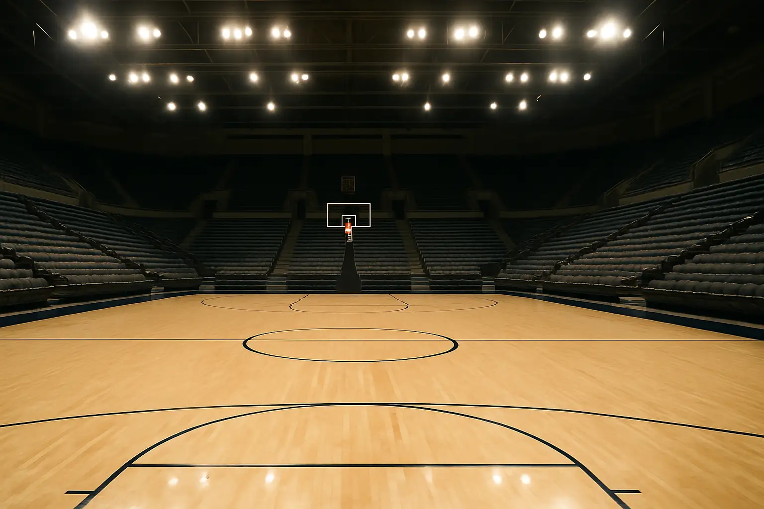 Empty college basketball arena with hardwood court and overhead lights illuminating the floor
