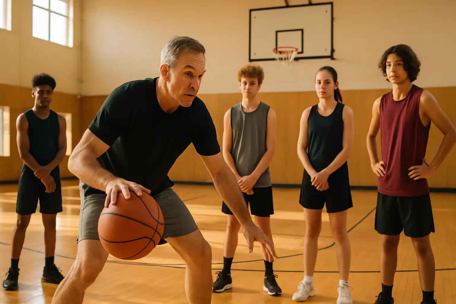 A former professional basketball player coaching young athletes on an indoor court