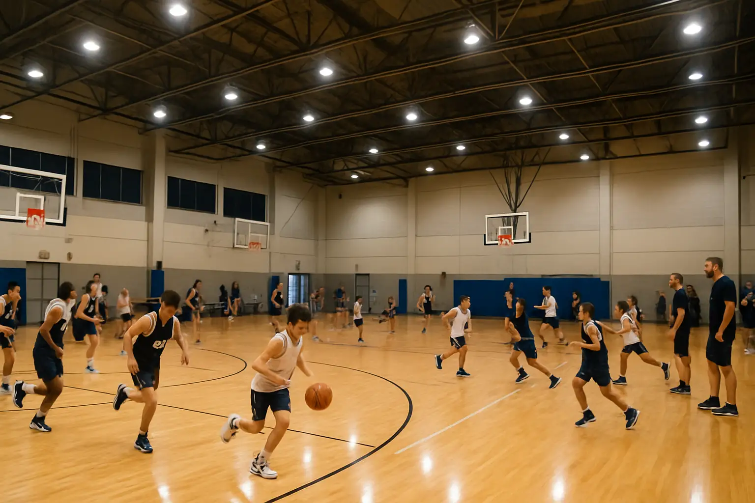 A youth basketball camp on an indoor court with players practicing drills under bright overhead lights