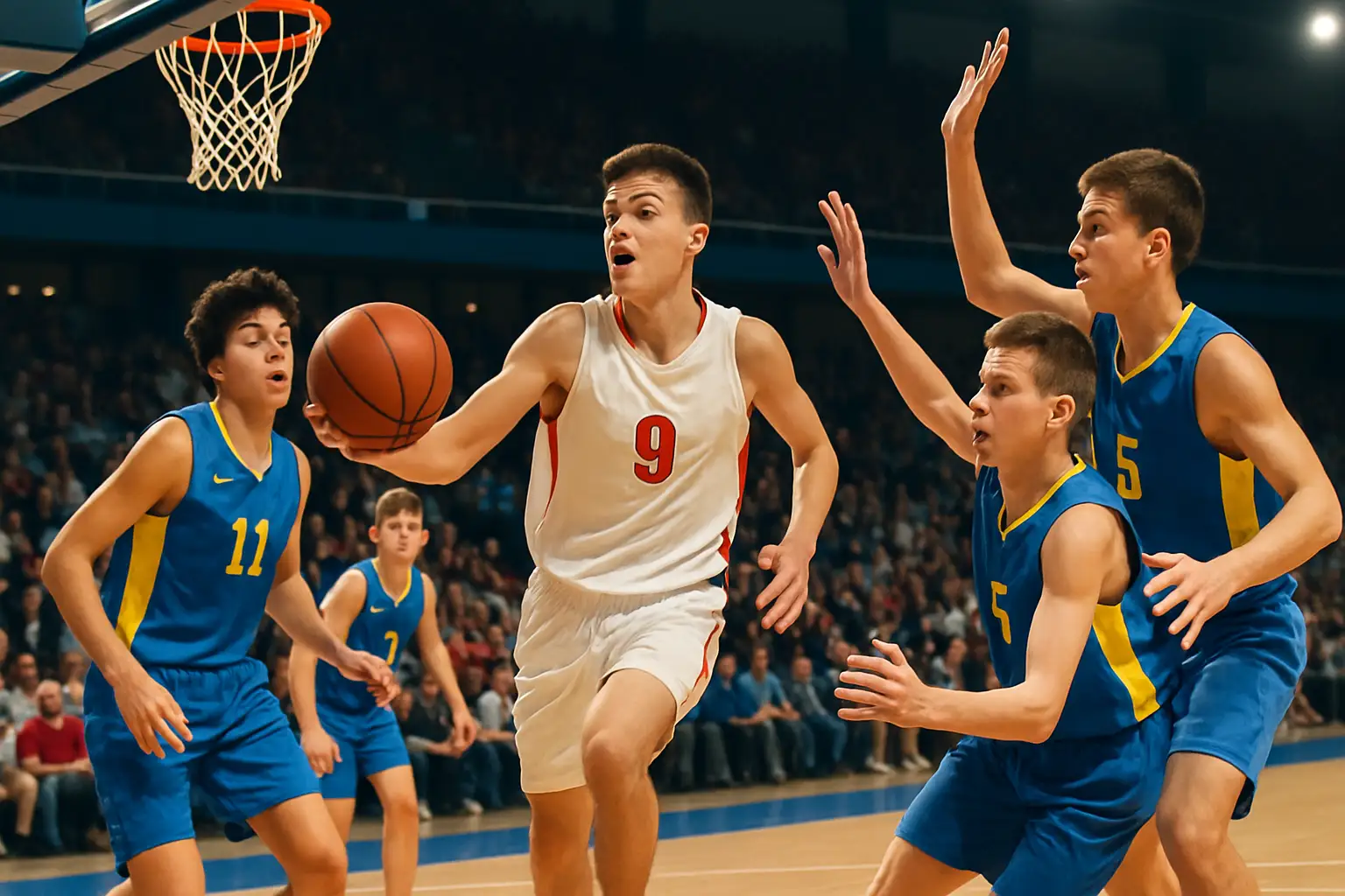 Young basketball players competing in an international youth tournament game