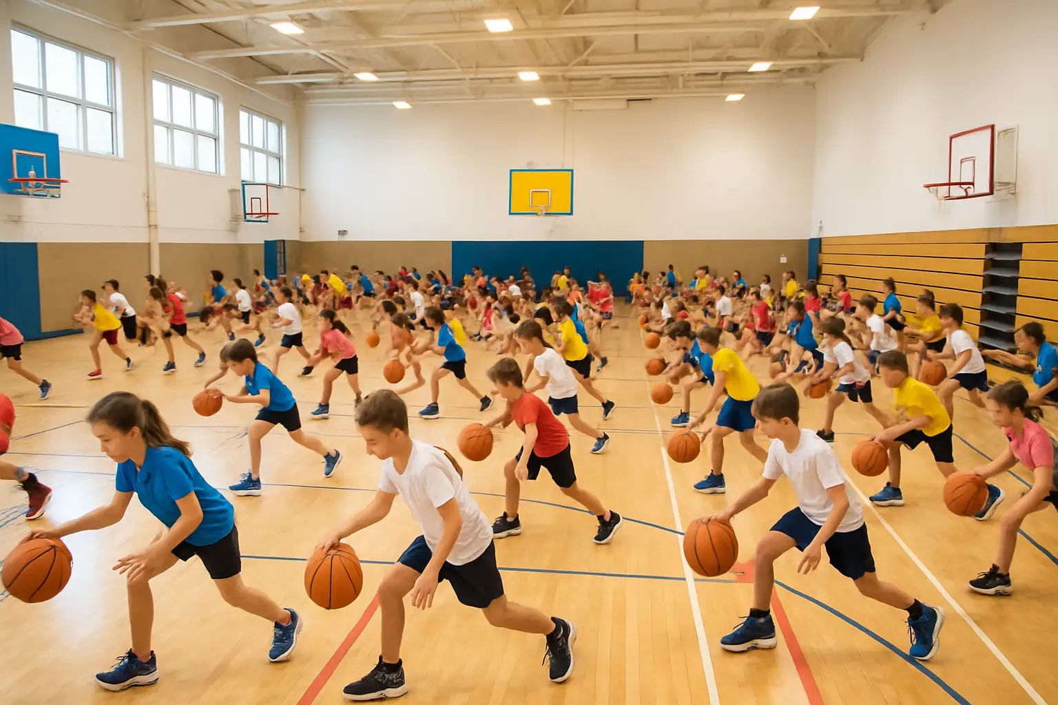 Young basketball players practicing dribbling drills on an indoor court during a youth camp
