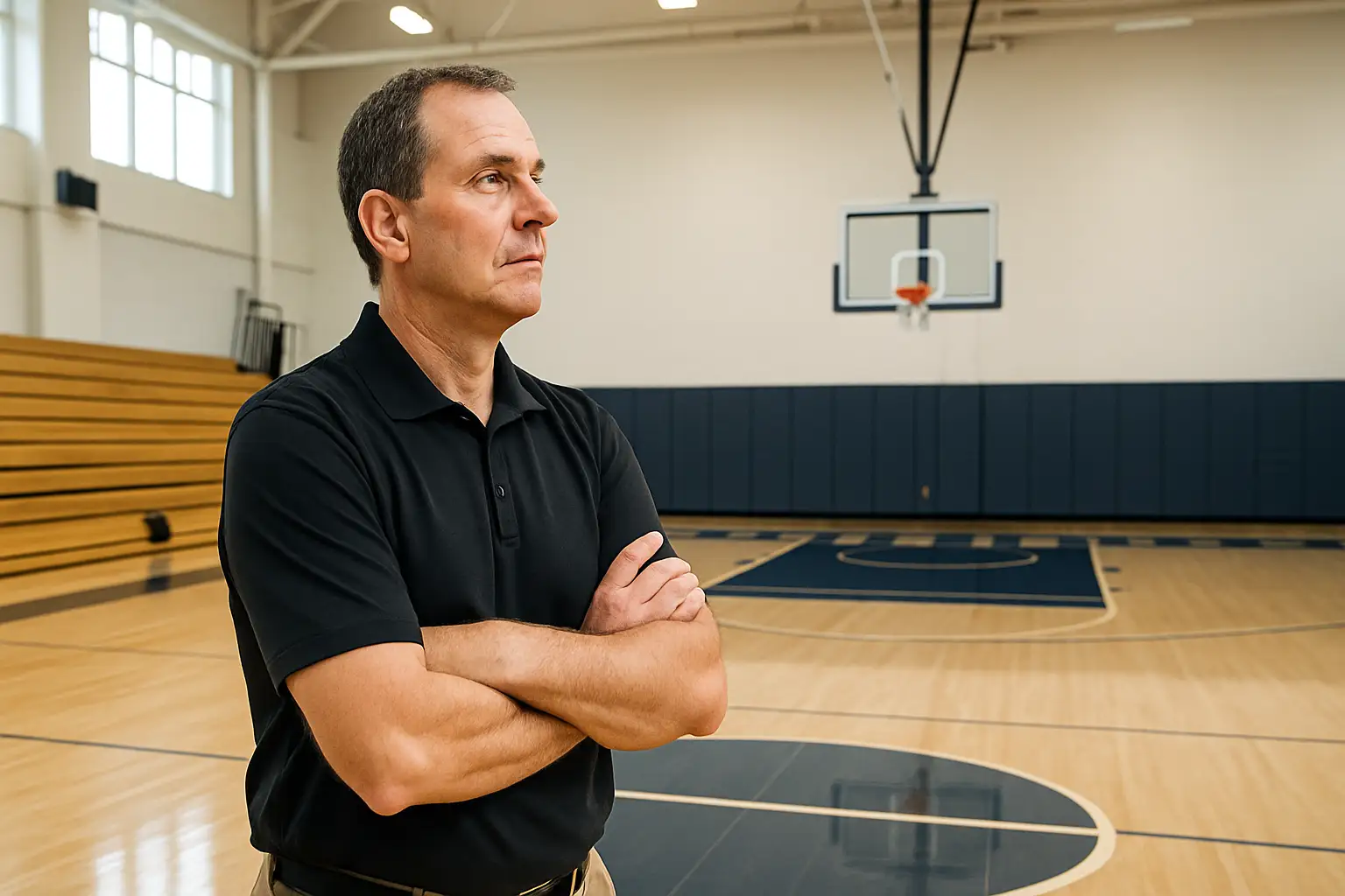 A basketball coach walking onto a college gymnasium court during practice