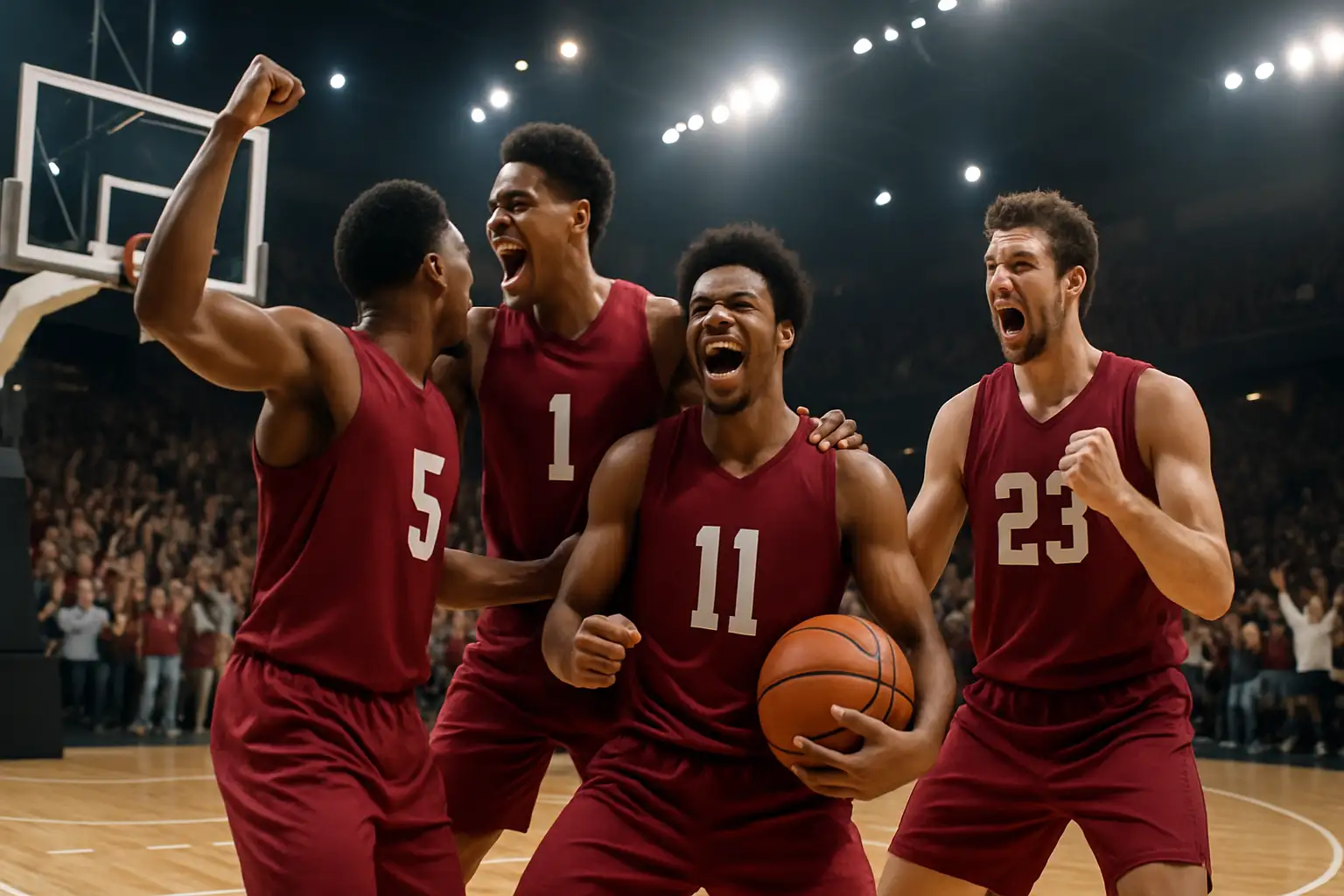 South Carolina Gamecocks men's basketball players celebrating a second-half comeback win on a college court