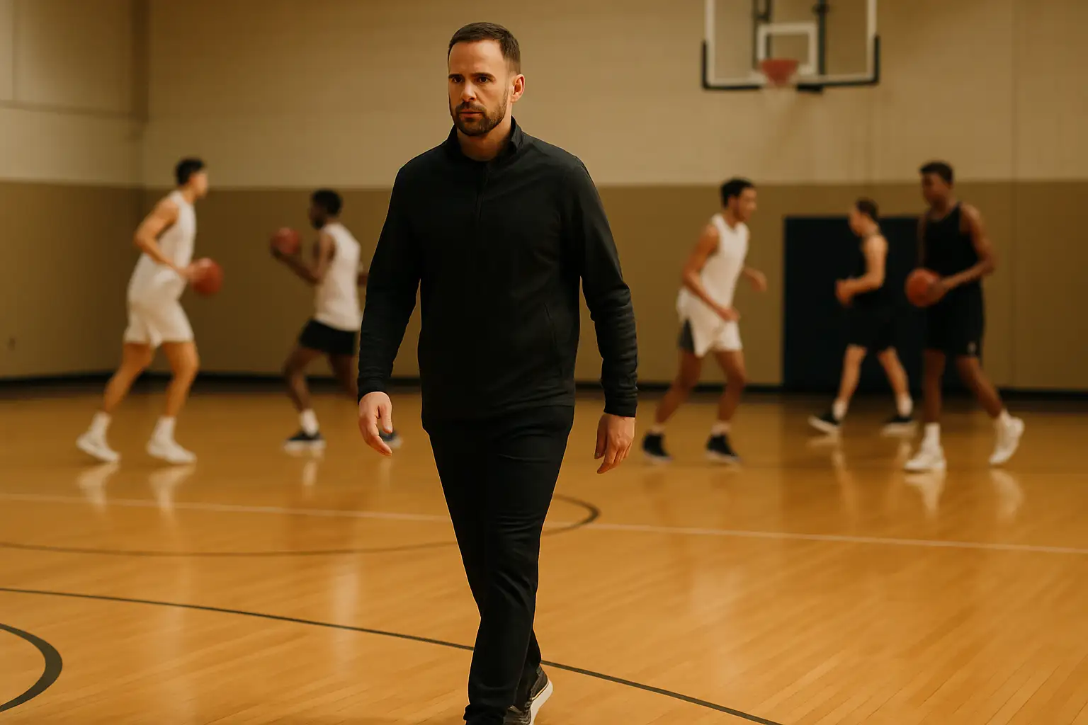 Basketball coach walking onto a court during a team practice session