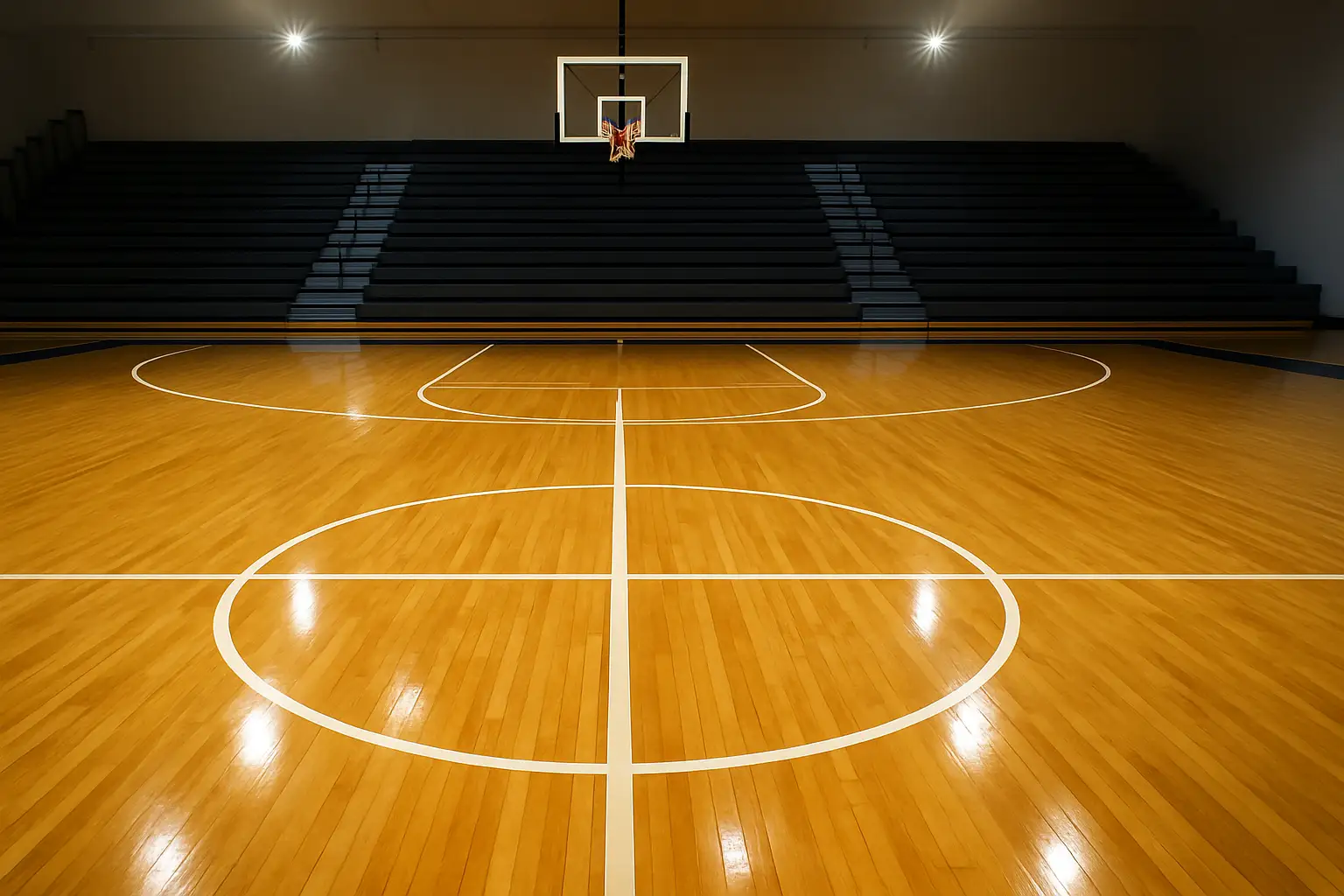 An empty certified hardwood basketball court with polished floors and painted court markings under bright arena lighting