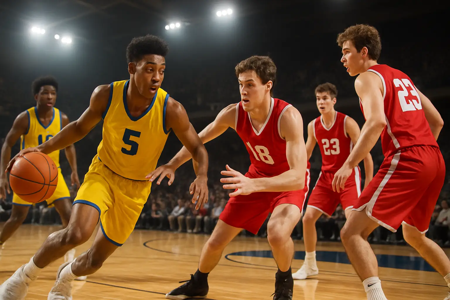 High school basketball players competing on an indoor court during a tournament game