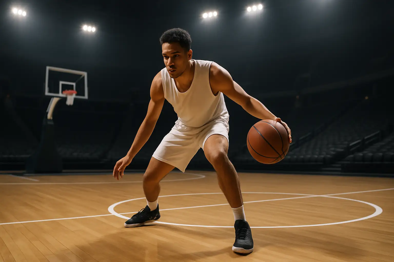 A basketball player dribbling through defenders on a college court under bright arena lights