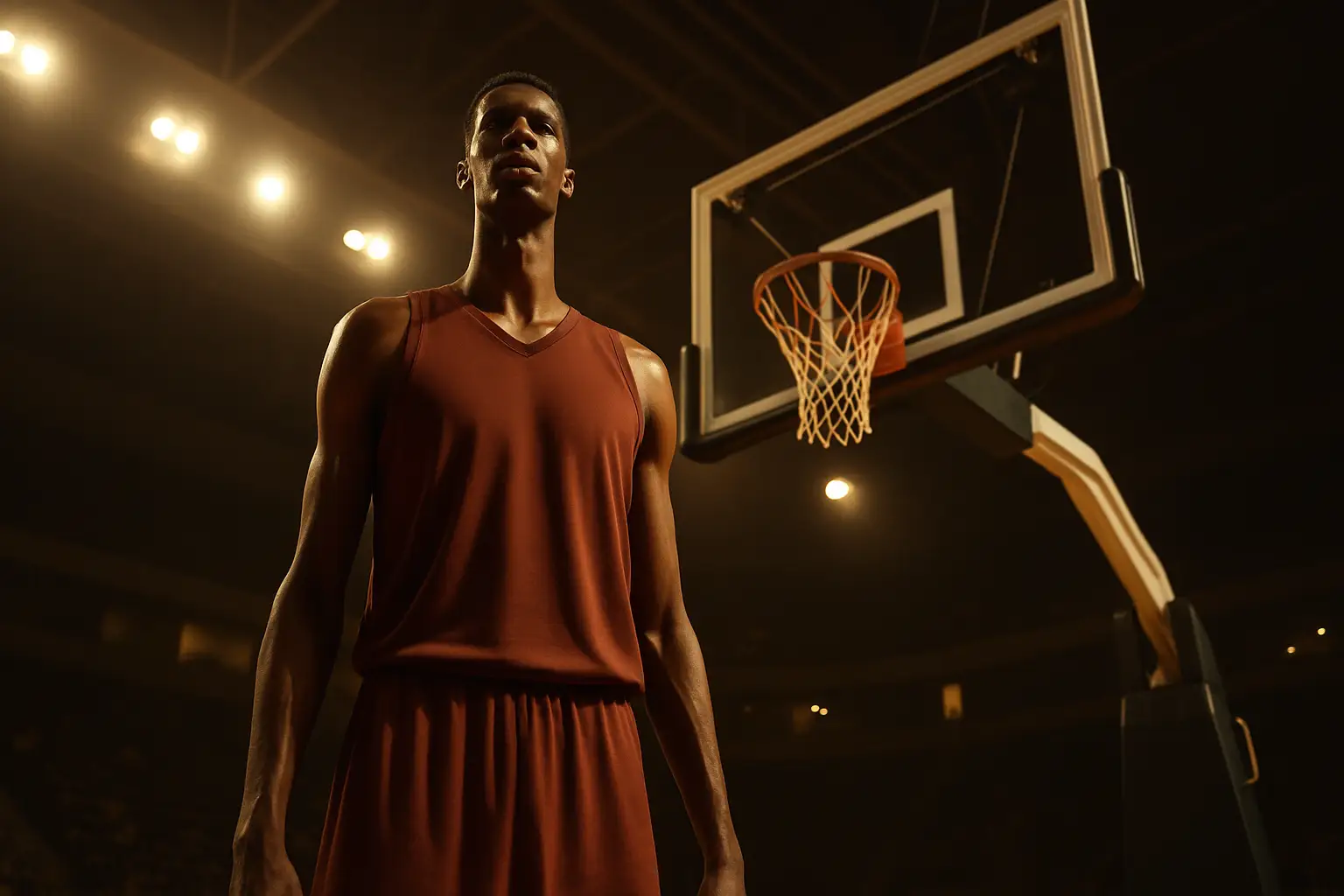 A tall basketball player standing near a hoop in a regional Australian arena