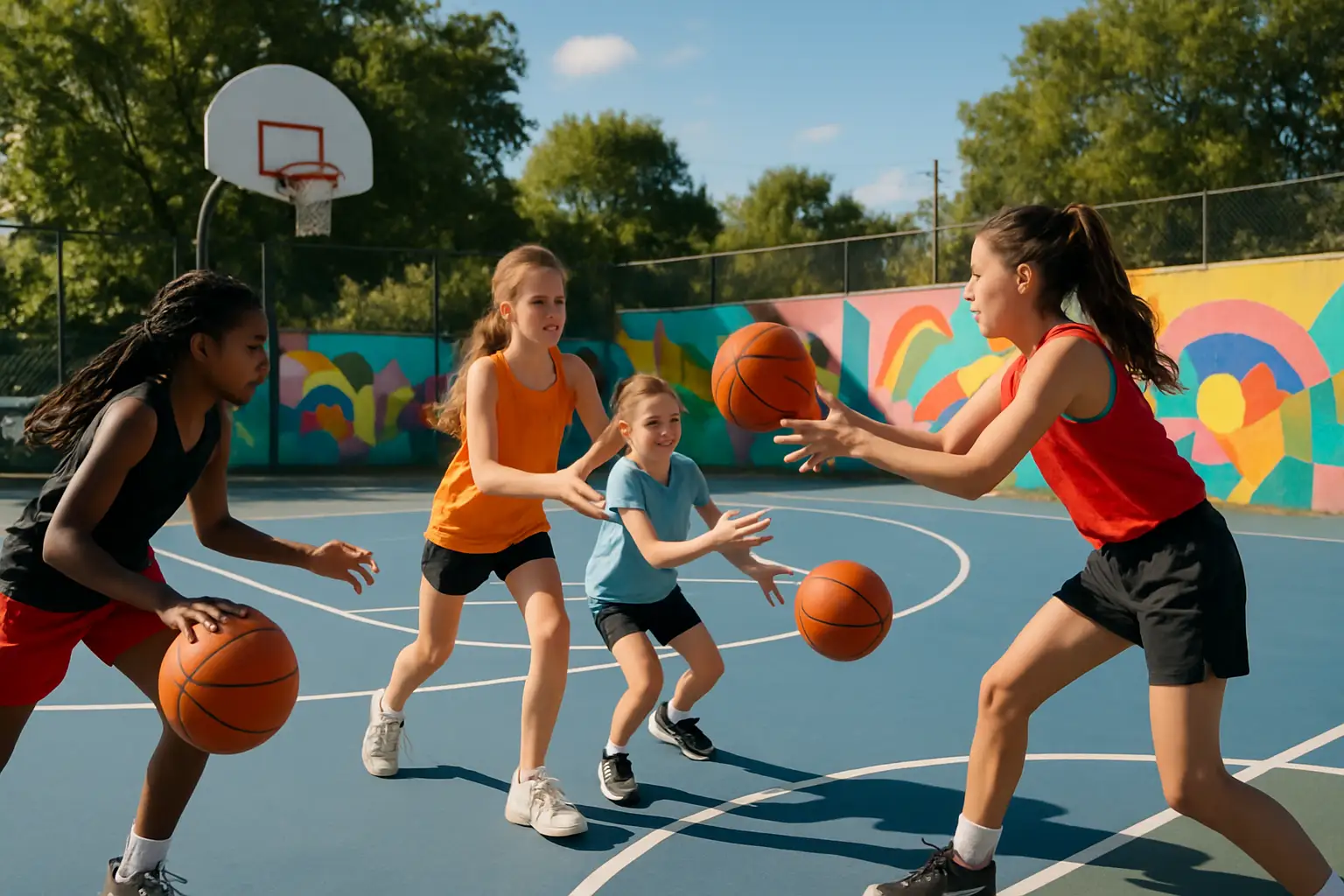 Young girls practicing basketball on an outdoor court in an urban neighborhood