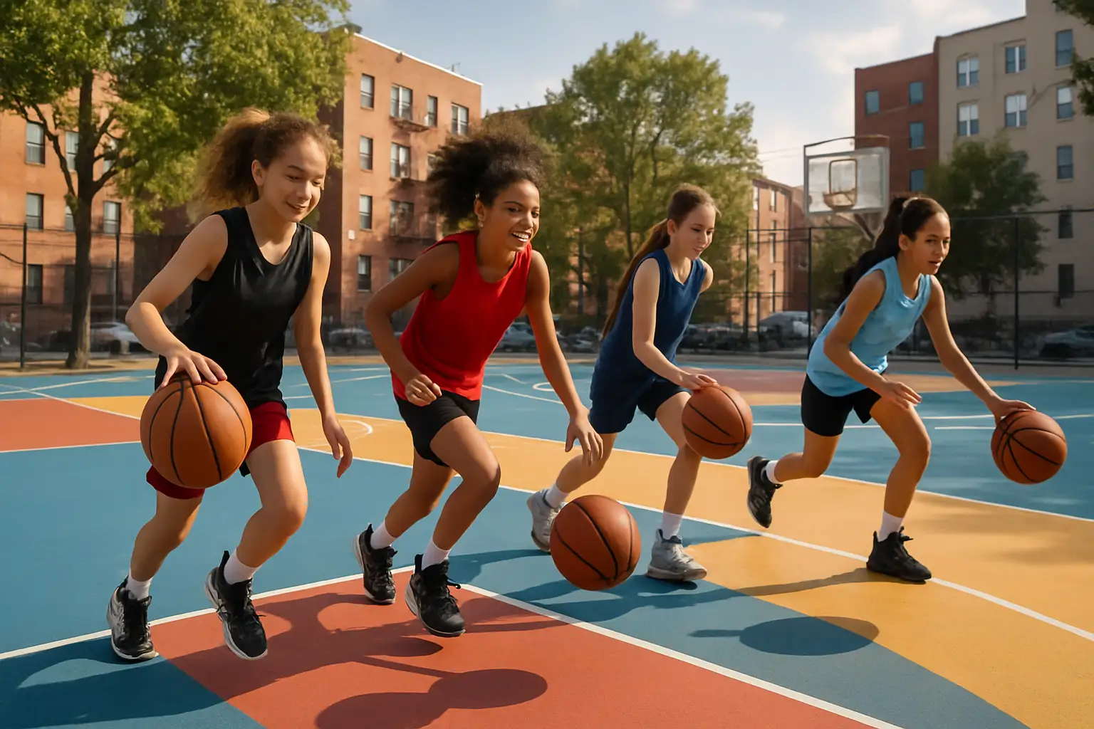 Young girls practicing basketball drills on an outdoor court in an urban neighborhood