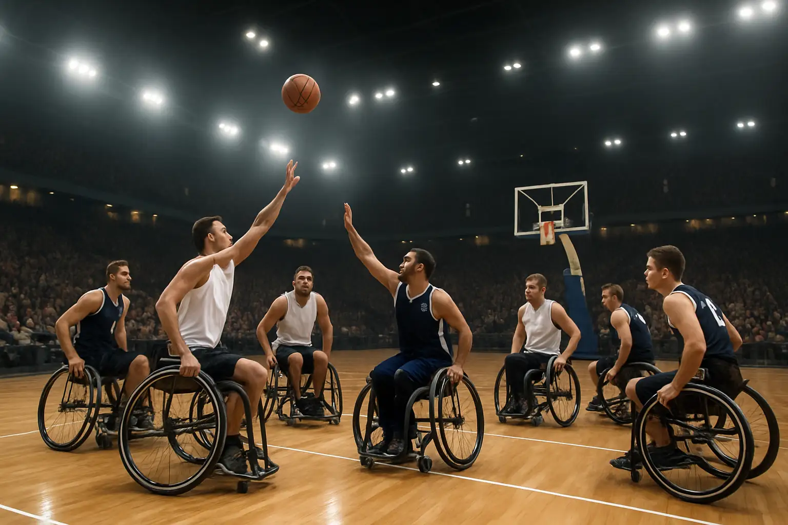 Athletes competing in wheelchair basketball on an indoor court during a multi-sport Games event