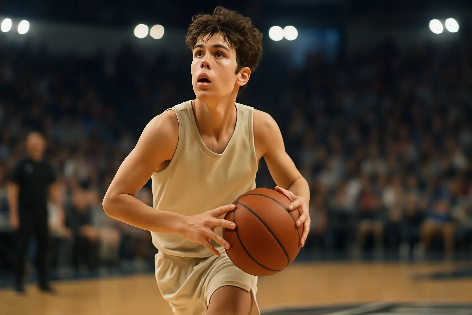 A young basketball player drives to the basket during a grassroots tournament game