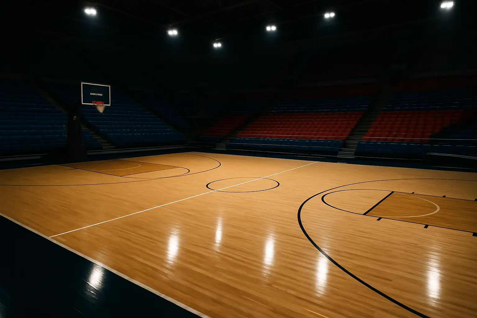 A basketball court with an empty gym and Gonzaga Bulldogs colors on the hardwood floor