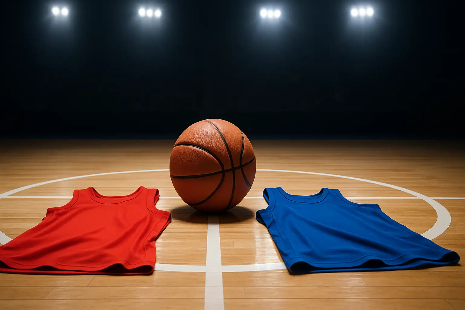 Basketball court with two team jerseys laid out facing each other representing a trade