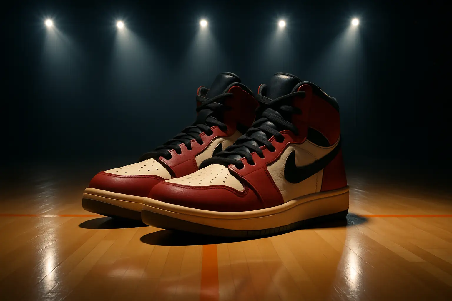 Large basketball shoes displayed on a hardwood court floor with stadium lighting overhead
