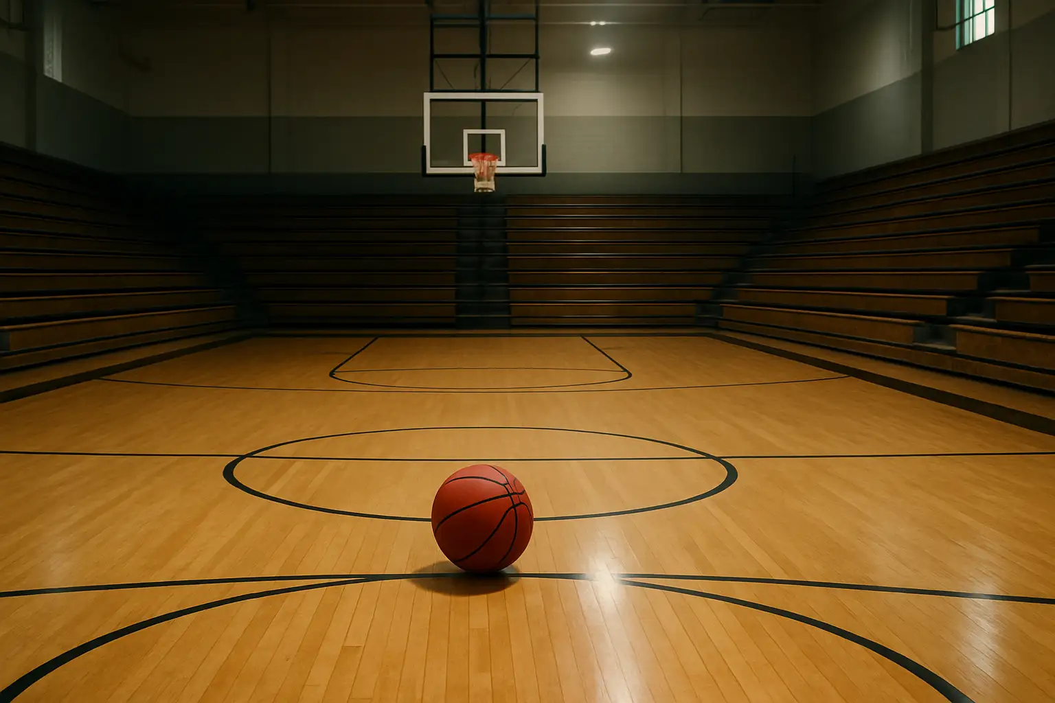 A women's basketball court inside a university gymnasium with a single basketball resting at center court under dramatic lighting